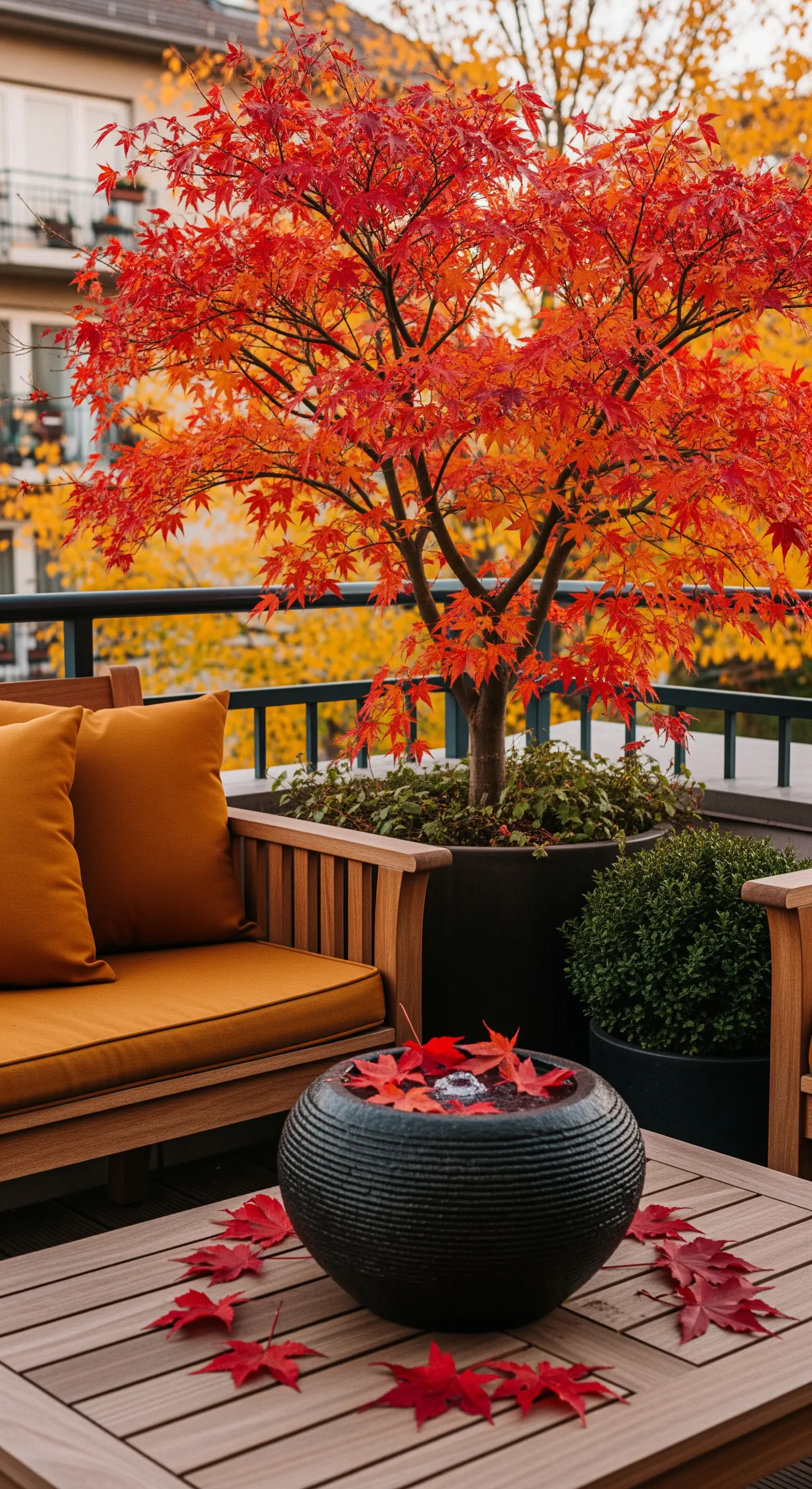 Balcone autunnale con un acero giapponese rosso e una fontana nera con foglie galleggianti.