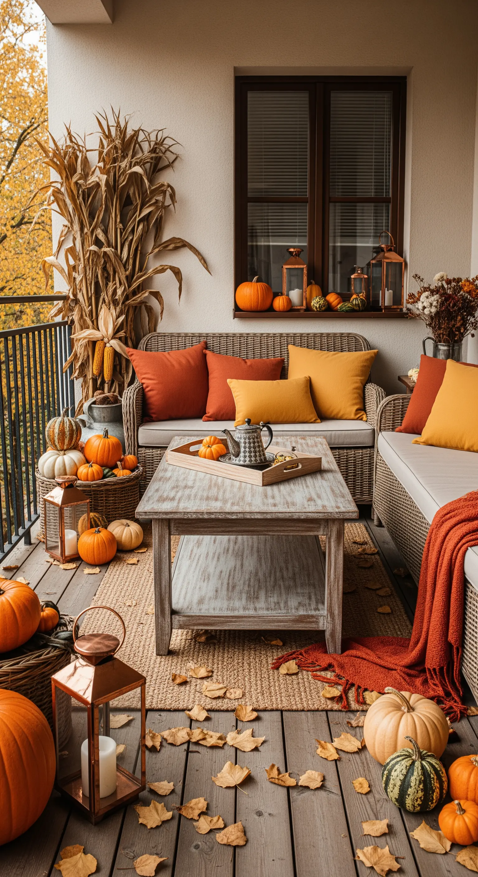 Balcone decorato in stile autunnale con zucche, cuscini arancioni e un plaid caldo.