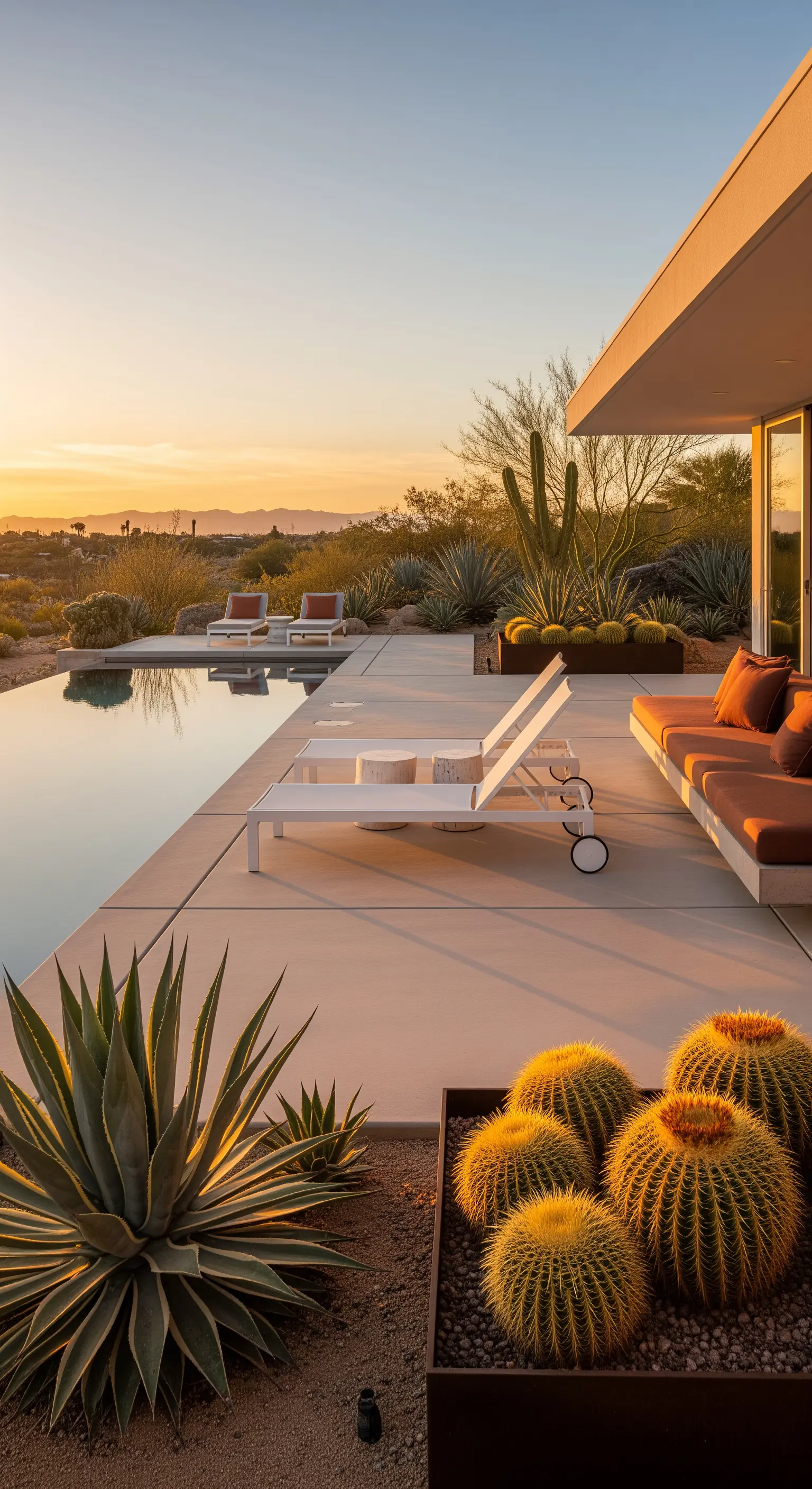 Piscina a sfioro in un contesto desertico con arredi color terracotta al tramonto