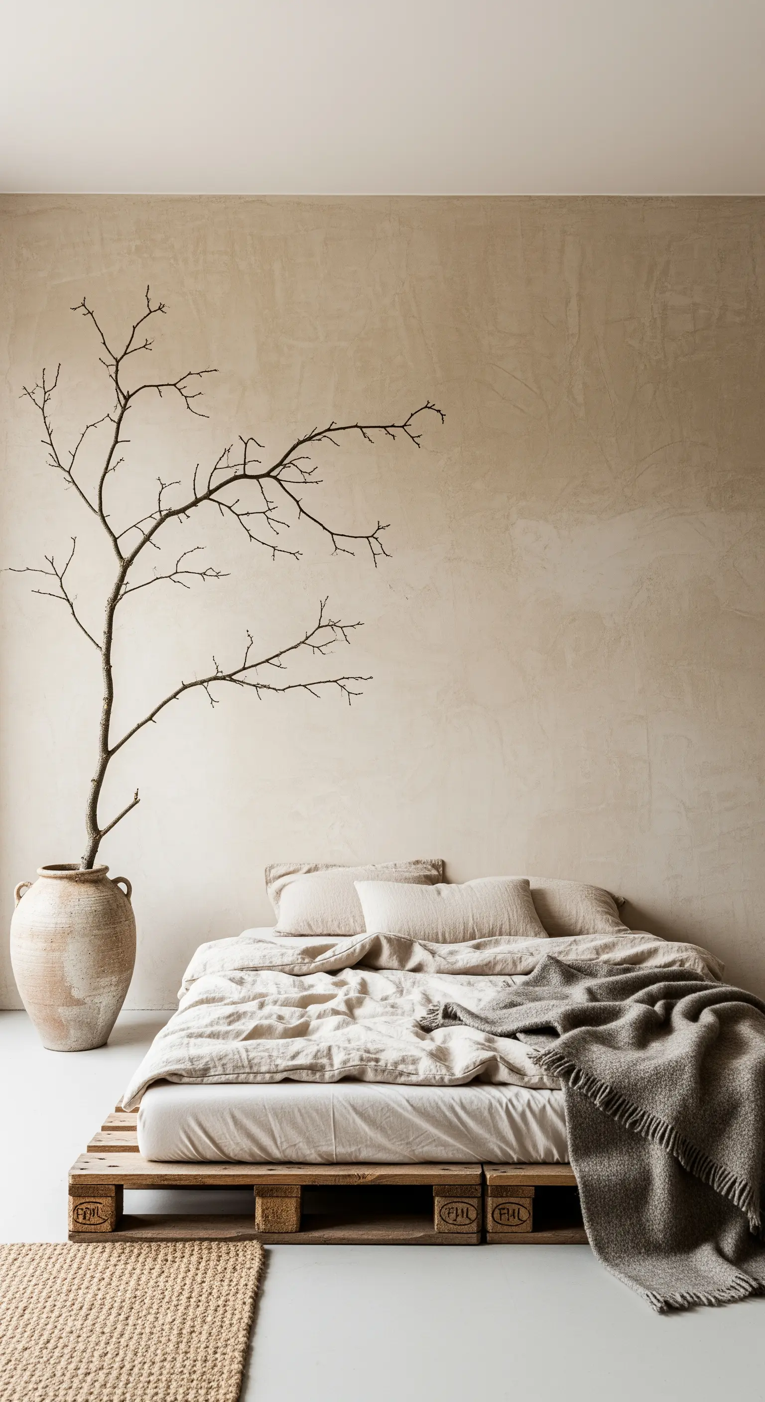 Letto su pallet con lenzuola in lino beige e grande vaso con rami secchi su parete calda.
