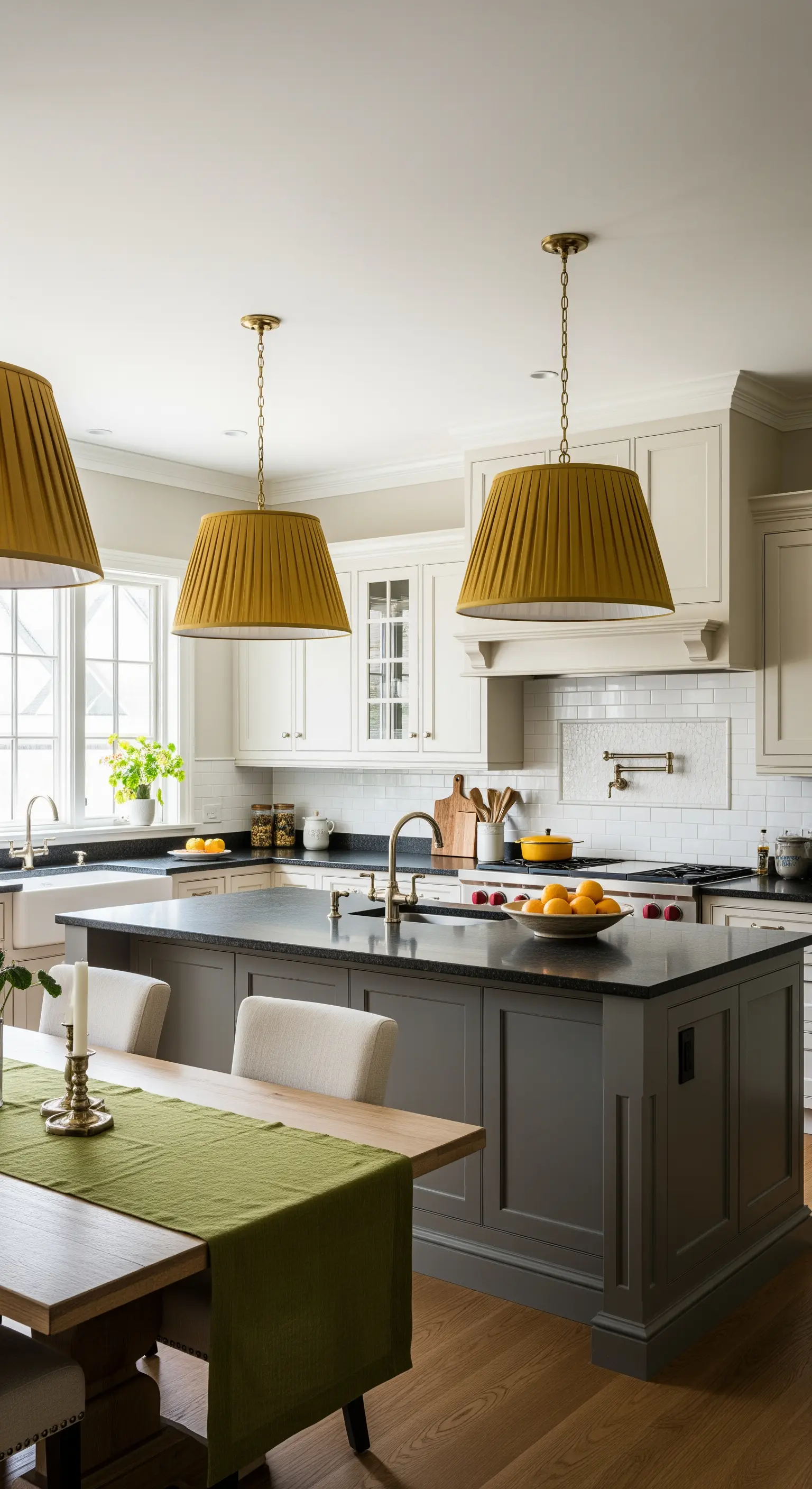 Cucina con isola grigia e grandi lampade a sospensione con paralume plissettato senape.