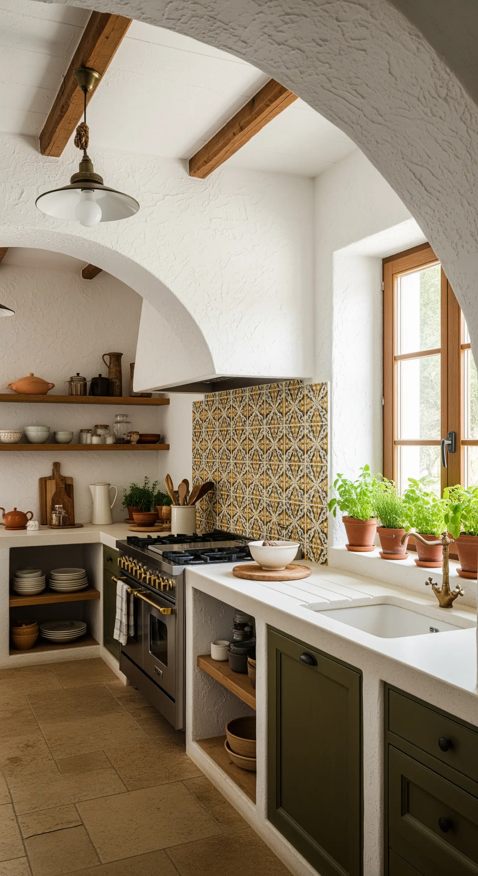 Cucina rustica con ante verde oliva e un paraschizzi con piastrelle decorate.