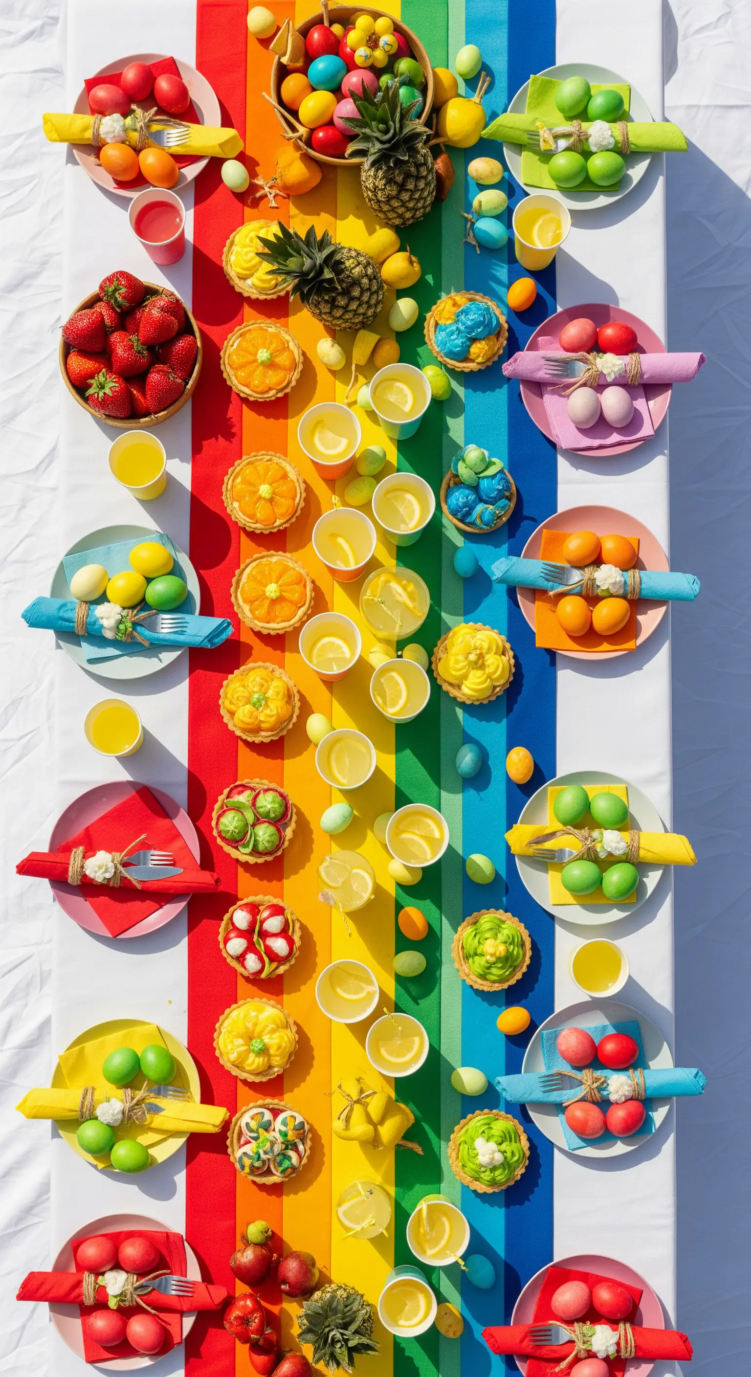 Lunga tavola da picnic allestita con una precisa gradazione di colori arcobaleno.