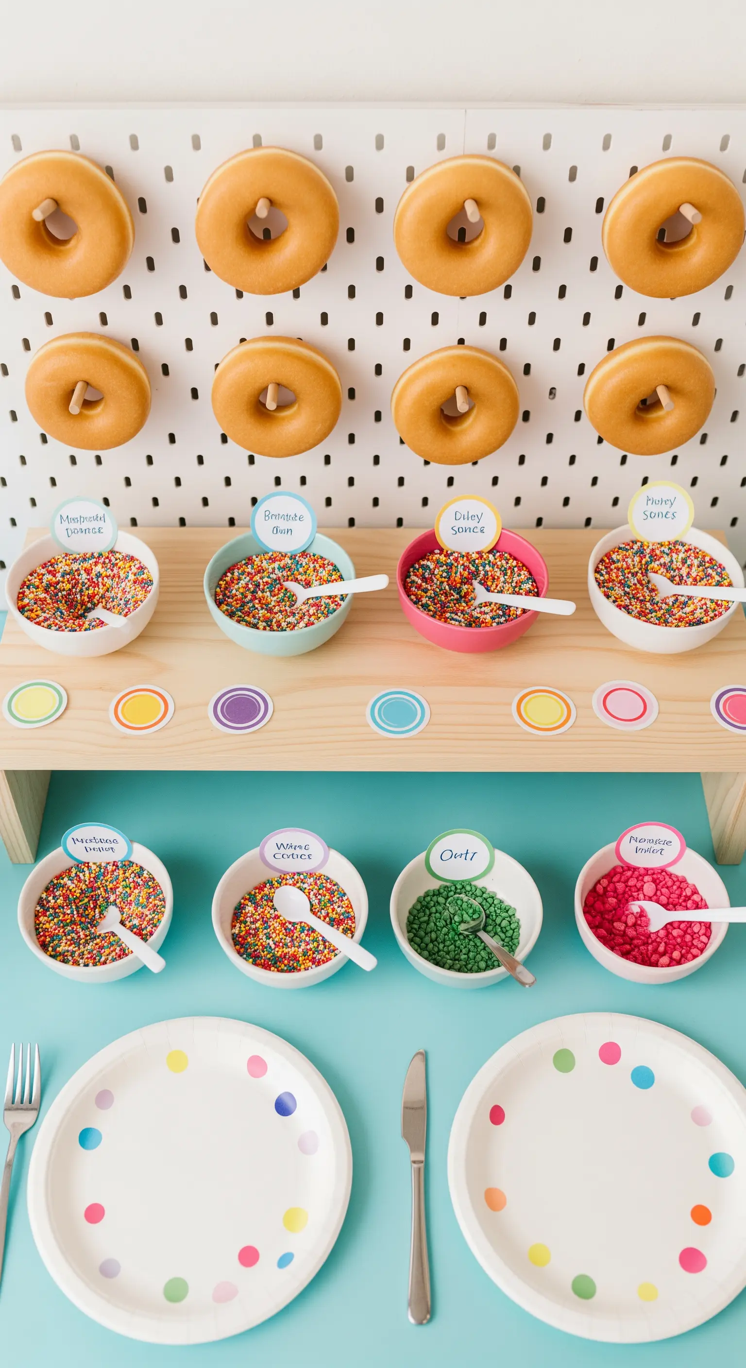Parete di ciambelle (donut wall) con codette colorate in ciotole per la decorazione.