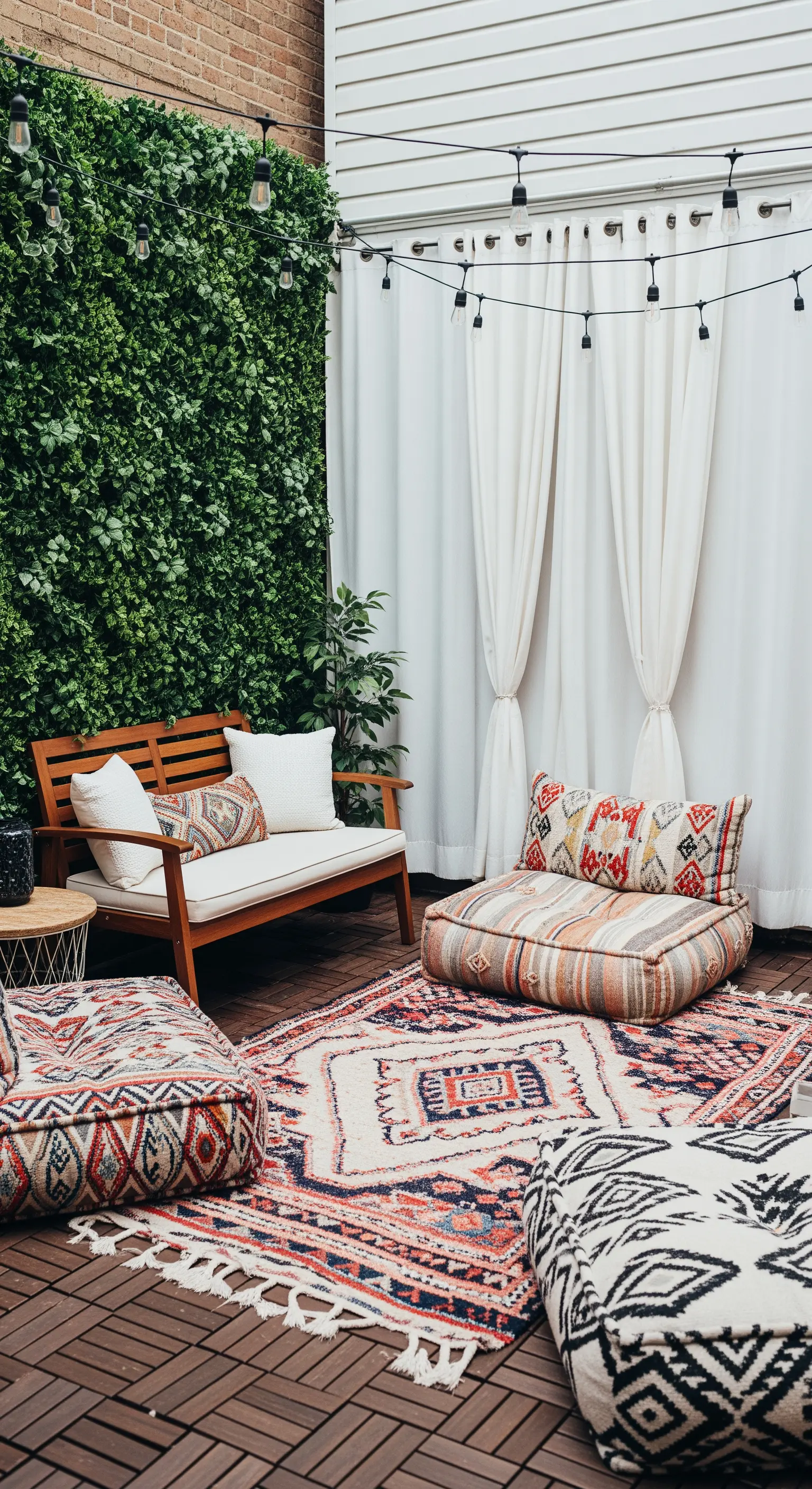 Patio con parete verde verticale, panca in legno e cuscini da terra su un tappeto kilim.