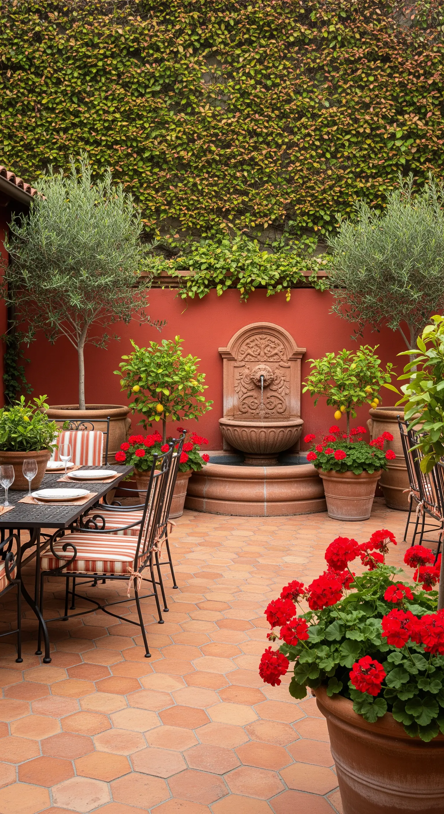 Patio con una parete color terracotta, una fontana a muro e vasi di gerani rossi.