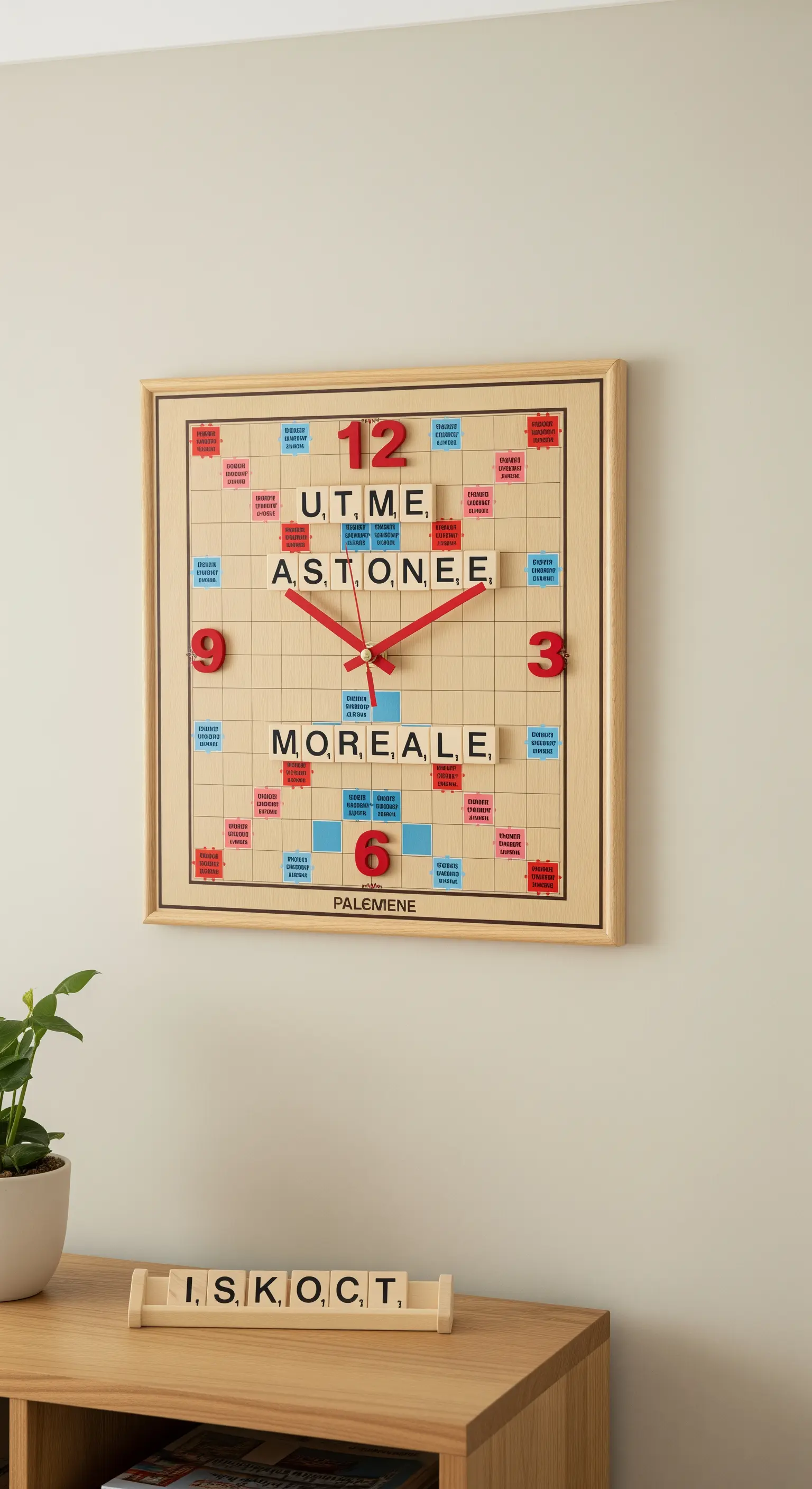 Un tabellone dello Scrabble trasformato in orologio con tessere che formano parole.