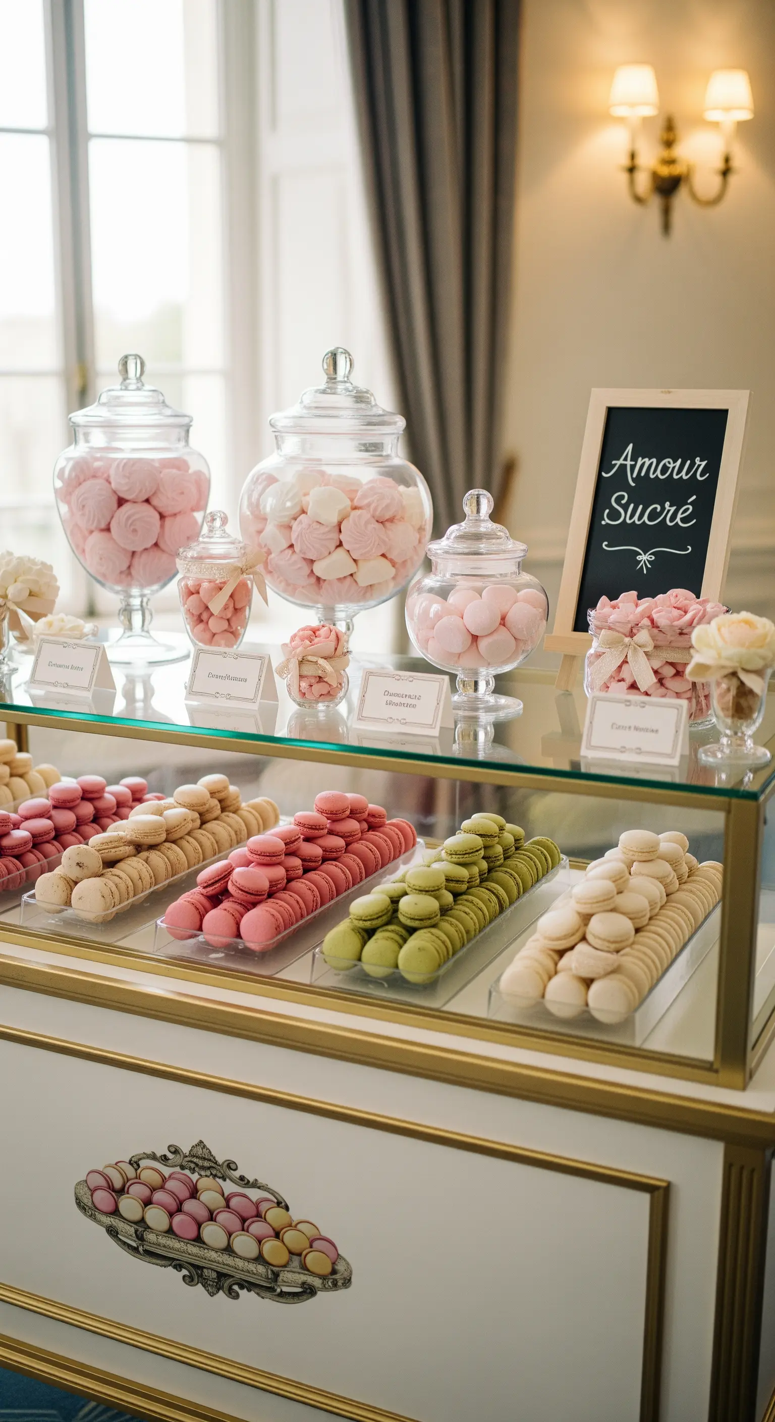 Espositore da pasticceria con macarons colorati, bonbonnière di vetro e etichette calligrafiche.