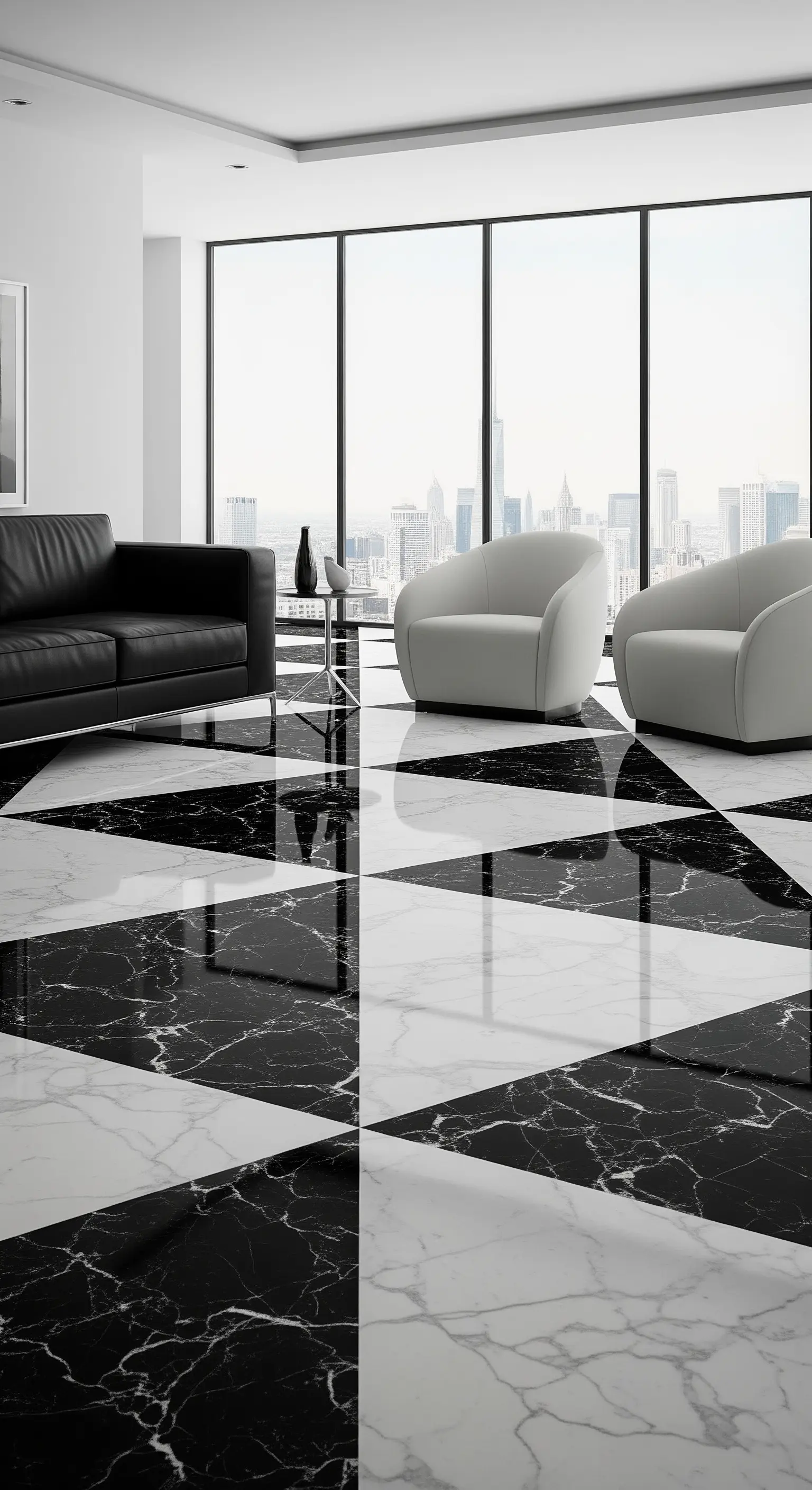 Pavimento di lusso in marmo bianco e nero con un grande motivo geometrico a triangoli.
