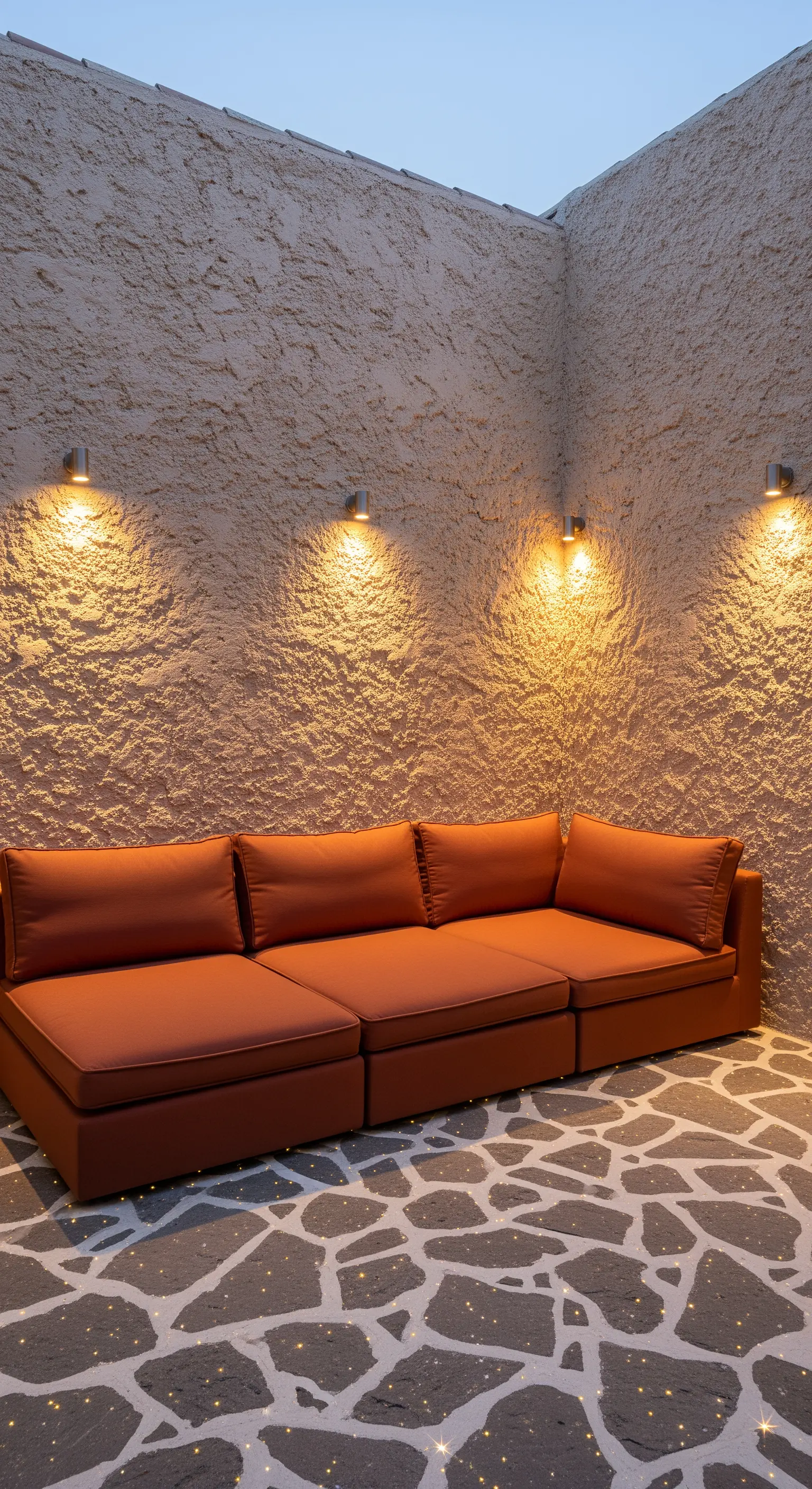 Divano modulare color terracotta su un pavimento a mosaico con piccole luci a fibra ottica integrate.