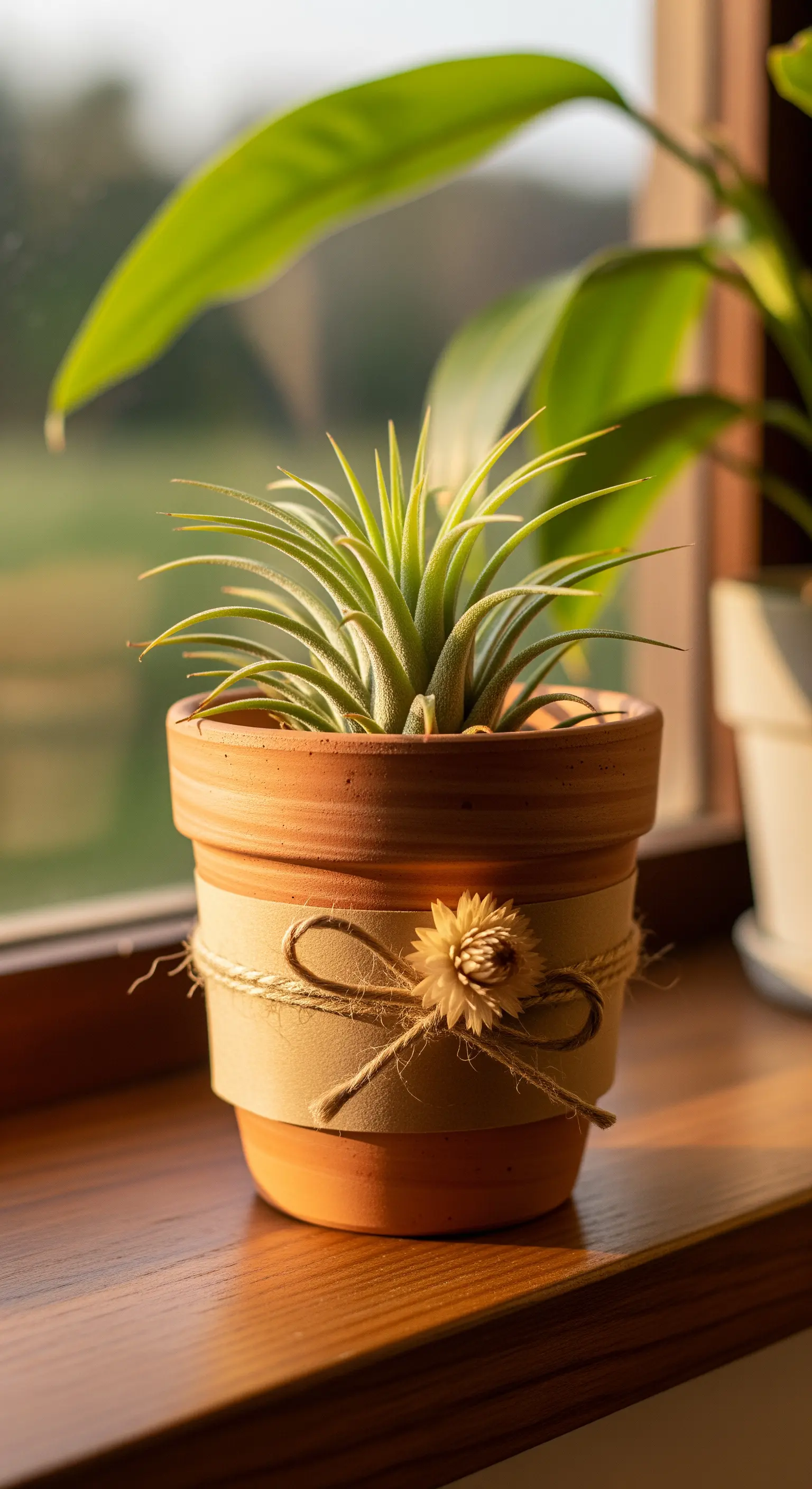 Pianta aerea (Tillandsia) in un piccolo vaso di terracotta decorato con spago e un fiore secco.
