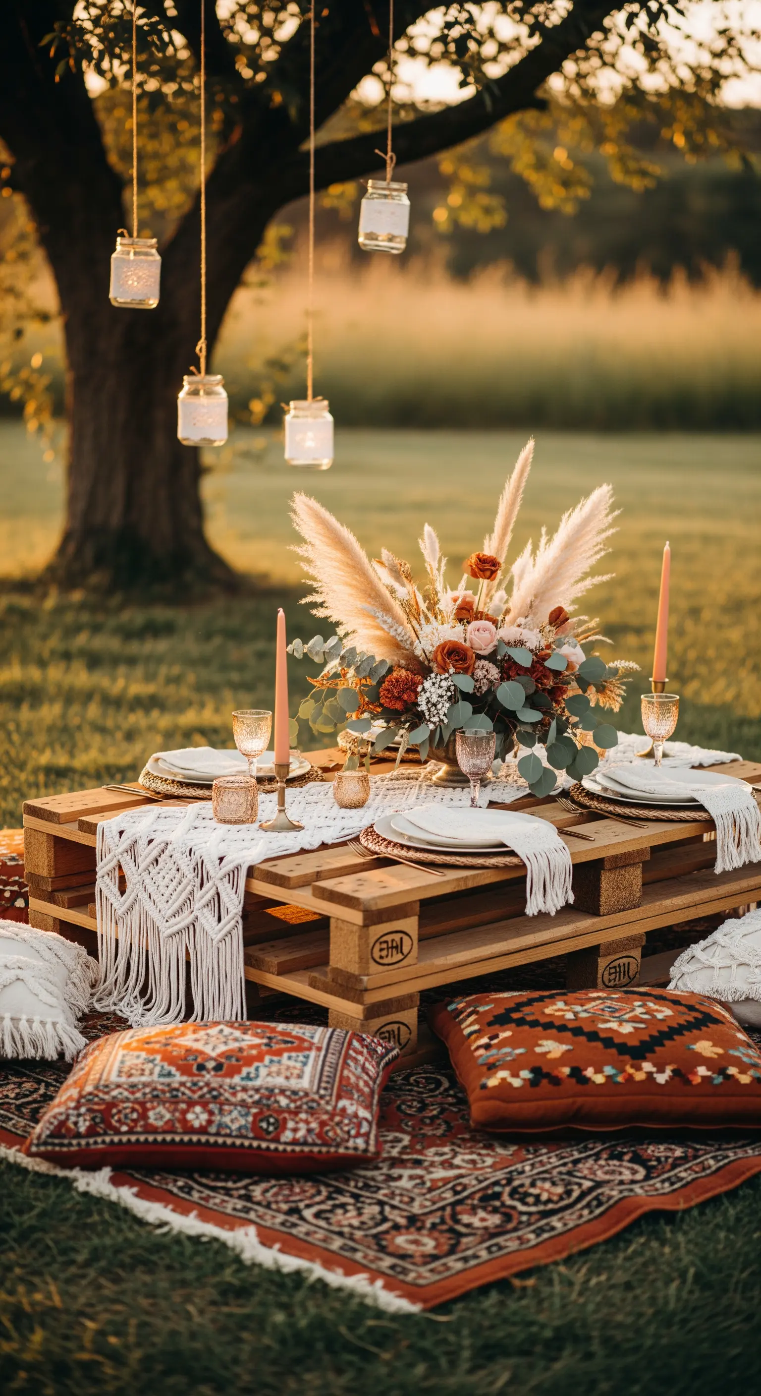 Tavolo basso con pallet e cuscini per un picnic boho-chic in giardino.