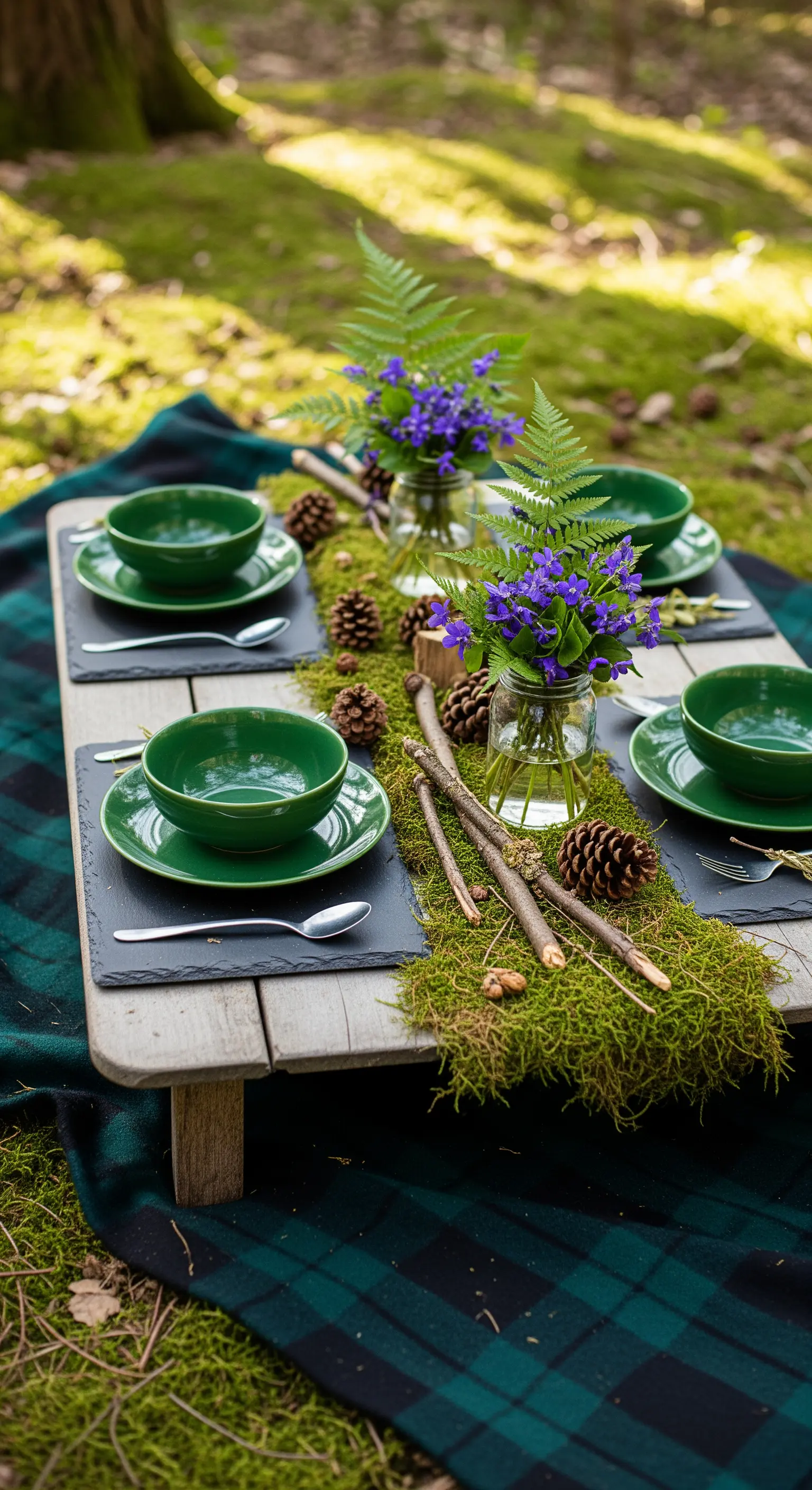 Allestimento da picnic nel bosco con tovaglia scozzese, muschio e pigne.