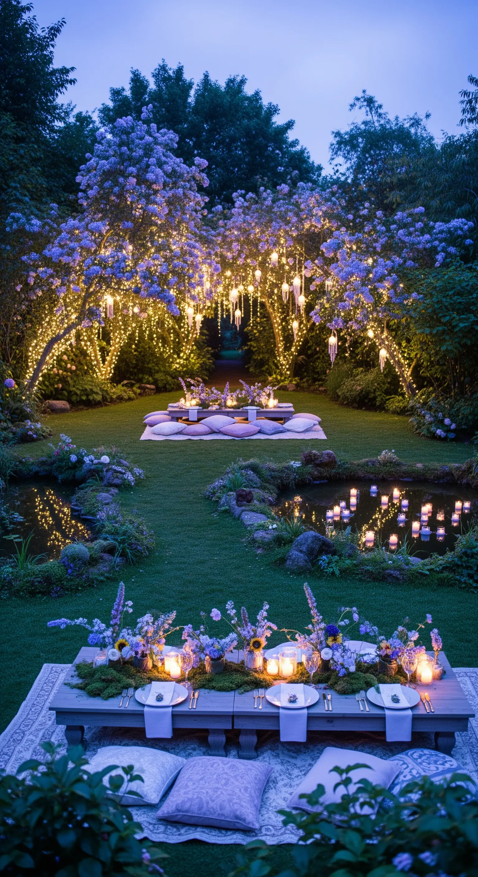 Picnic serale in giardino con tavoli bassi, cuscini, alberi illuminati da lucine e candele.