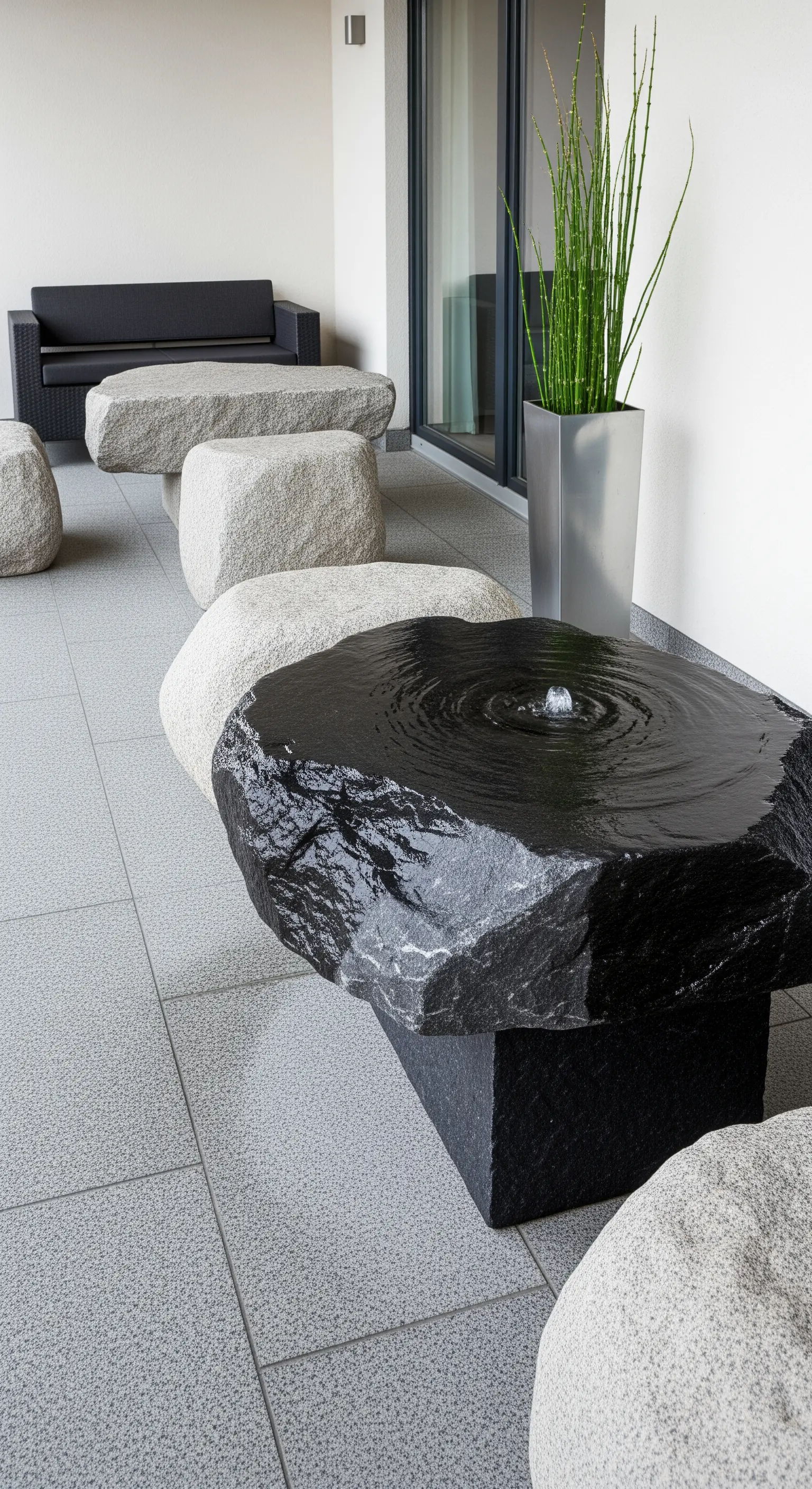Balcone con sedute in grandi pietre levigate e un tavolo-fontana in pietra nera.