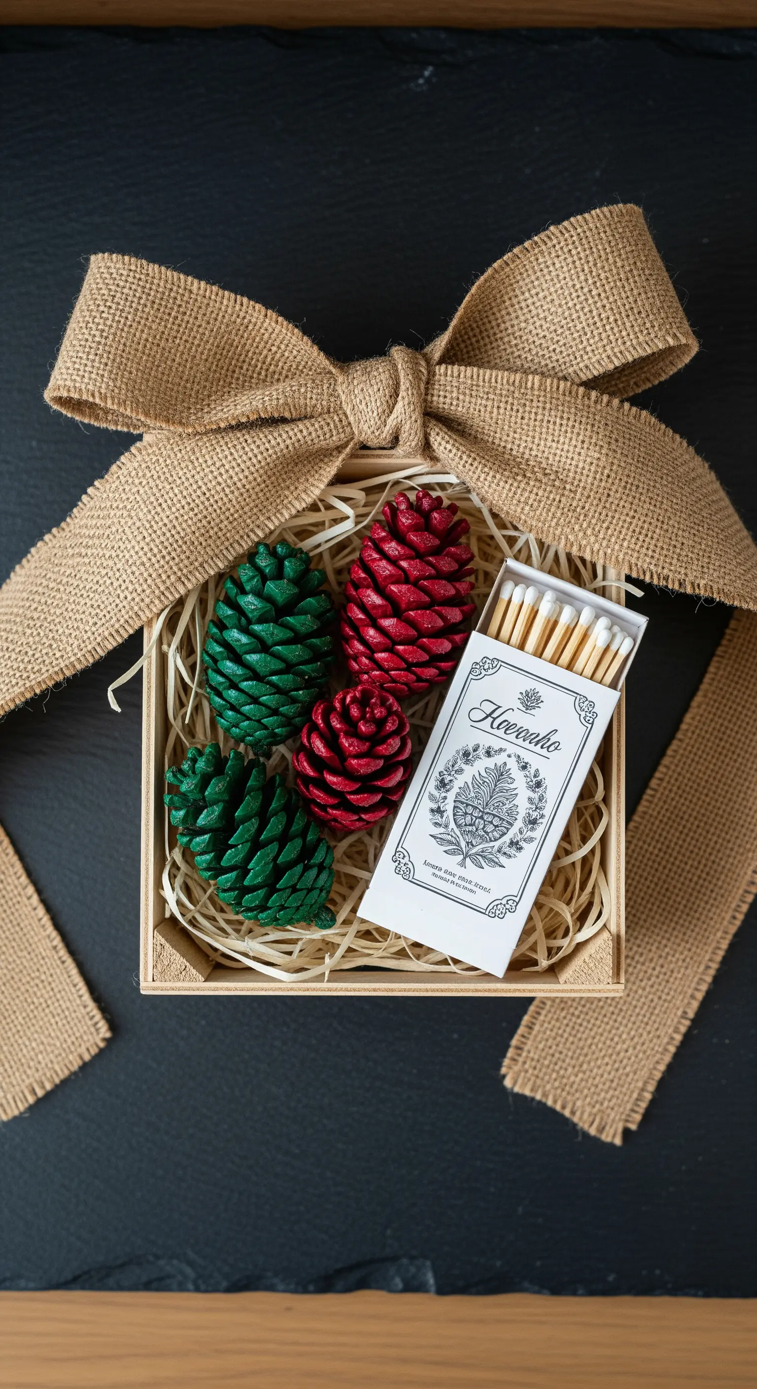 Scatola di legno con pigne colorate di rosso e verde usate come accendifuoco e fiammiferi.