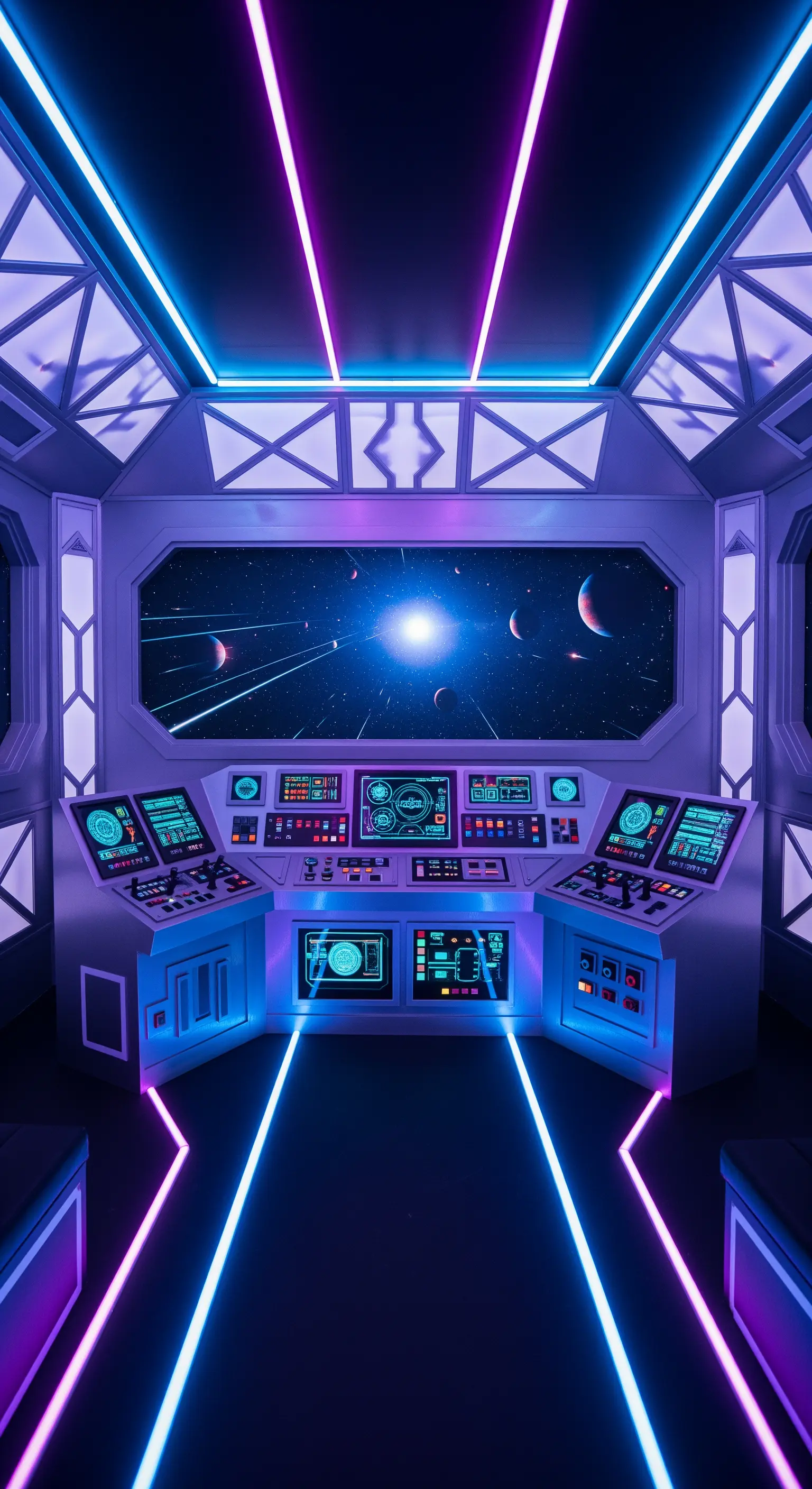 Interno di una navicella spaziale con luci al neon viola e blu e una finestra affacciata sullo spazio.