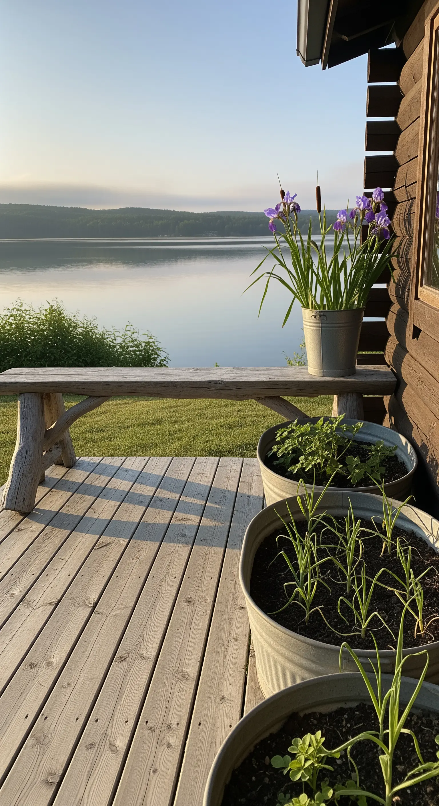 Semplice panca in legno su una veranda affacciata sul lago, con aglio che cresce in mastelli.