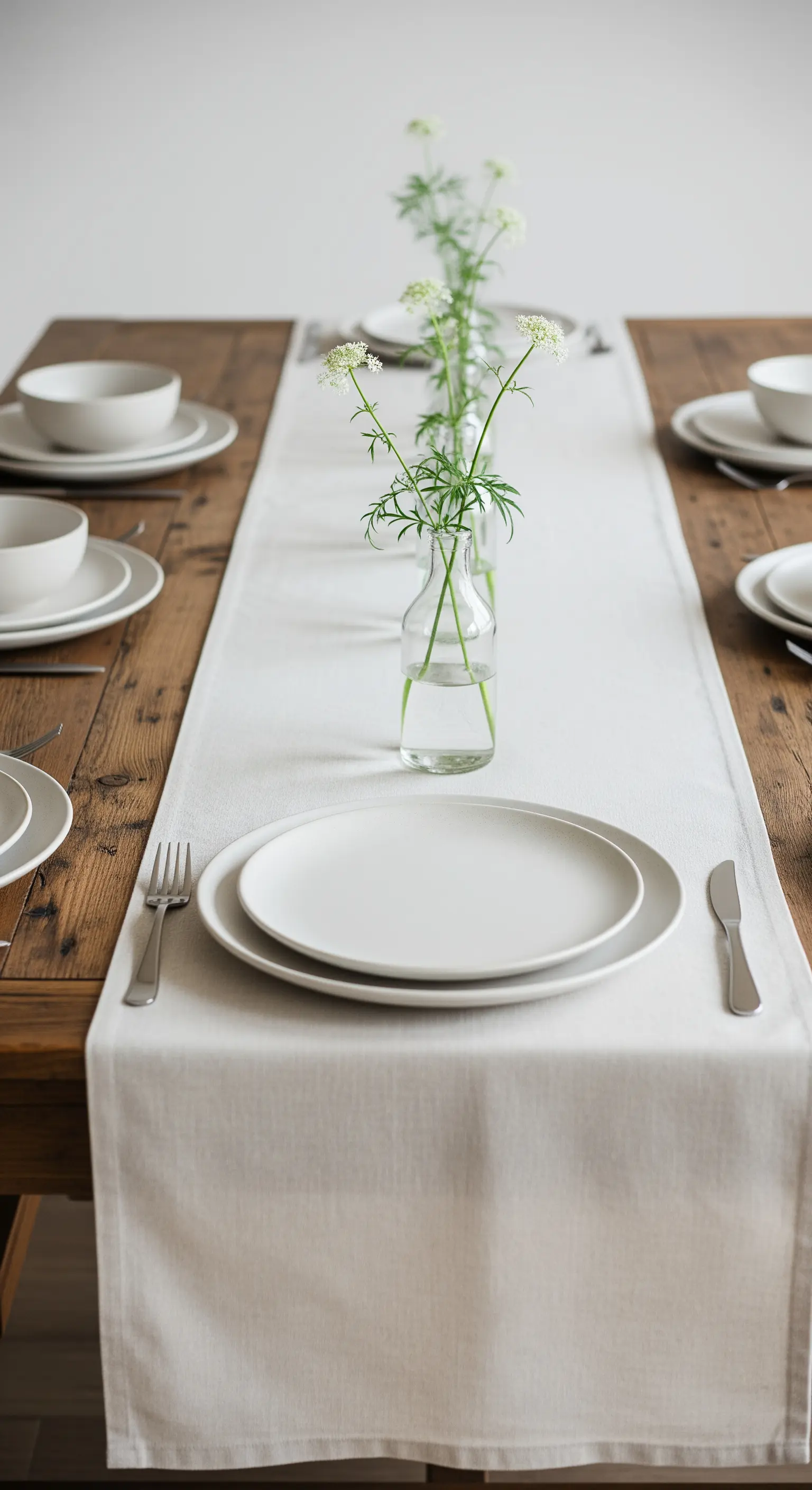 Tavolo in legno con runner bianco, piatti semplici e piccoli vasi con fiori di campo