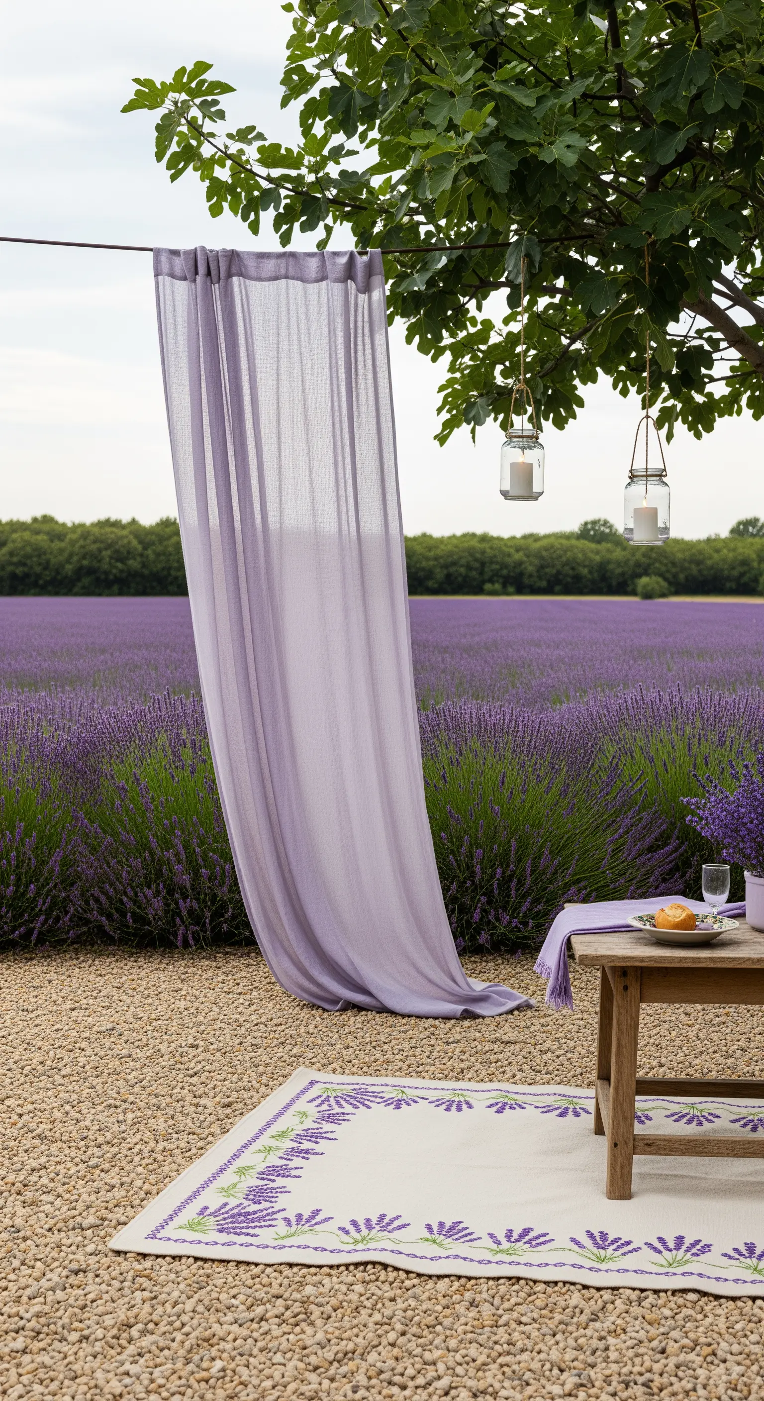 Allestimento in un campo di lavanda con tenda viola, tavolino in legno e tappeto a tema.