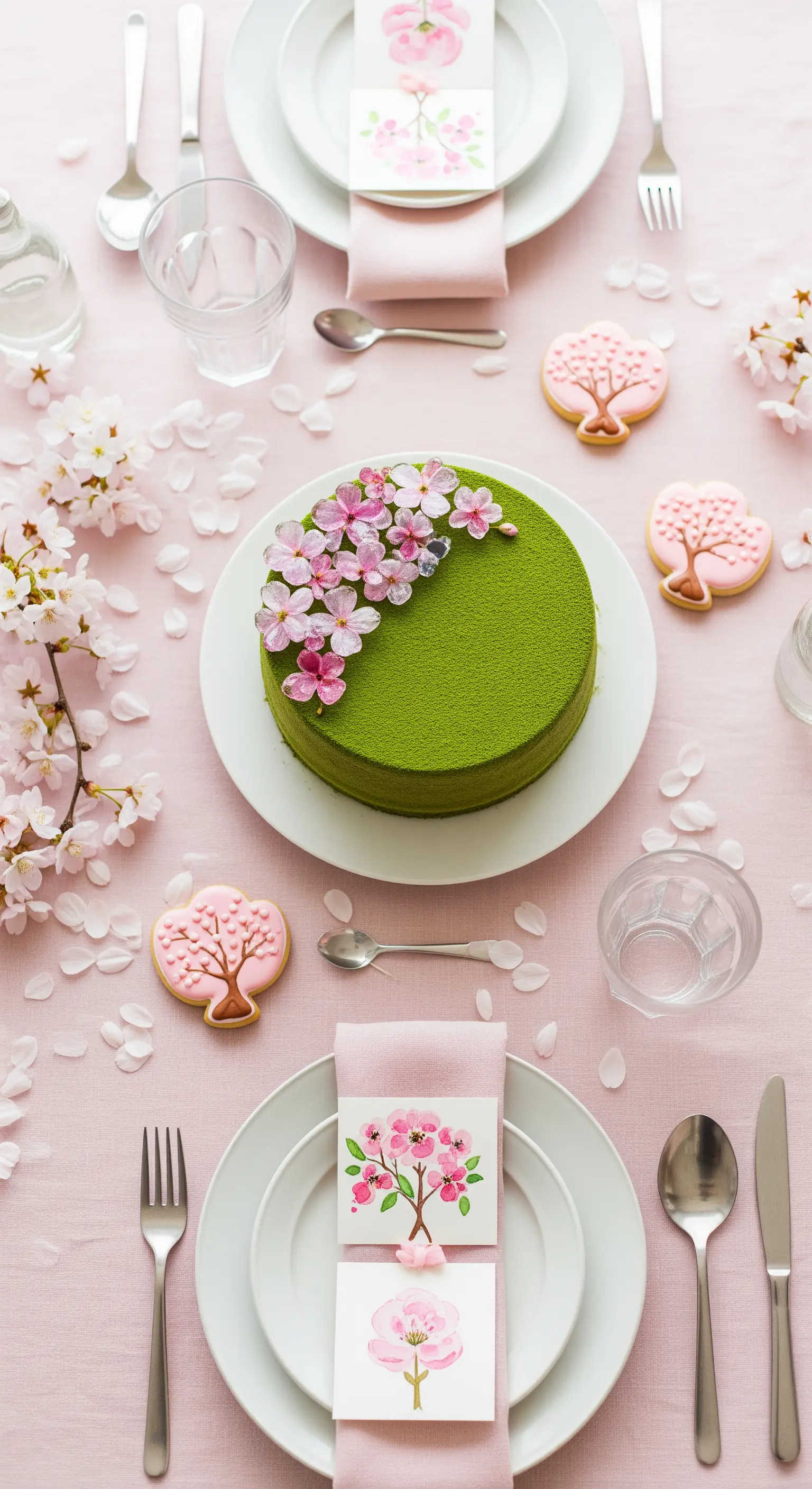 Tavola rosa con torta matcha decorata con fiori di ciliegio e petali sparsi.