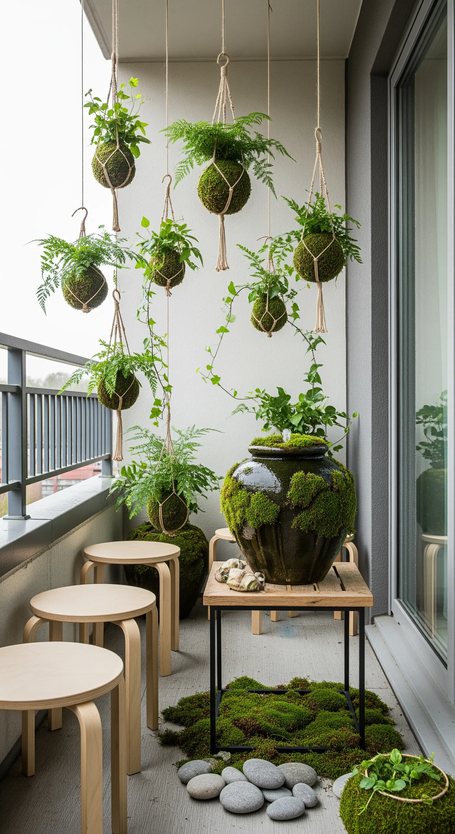 Balcone decorato con Kokedama appesi e un grande vaso antico coperto di muschio.