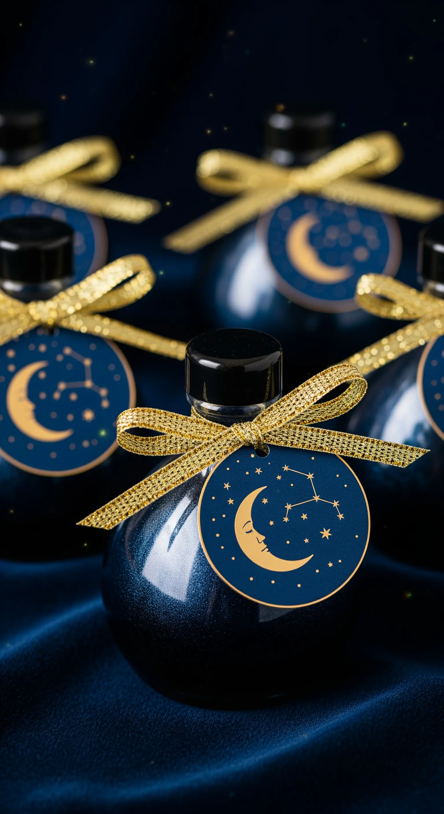 Bomboniere con liquore blu scuro glitterato, fiocco dorato e un'etichetta a tema luna e stelle.