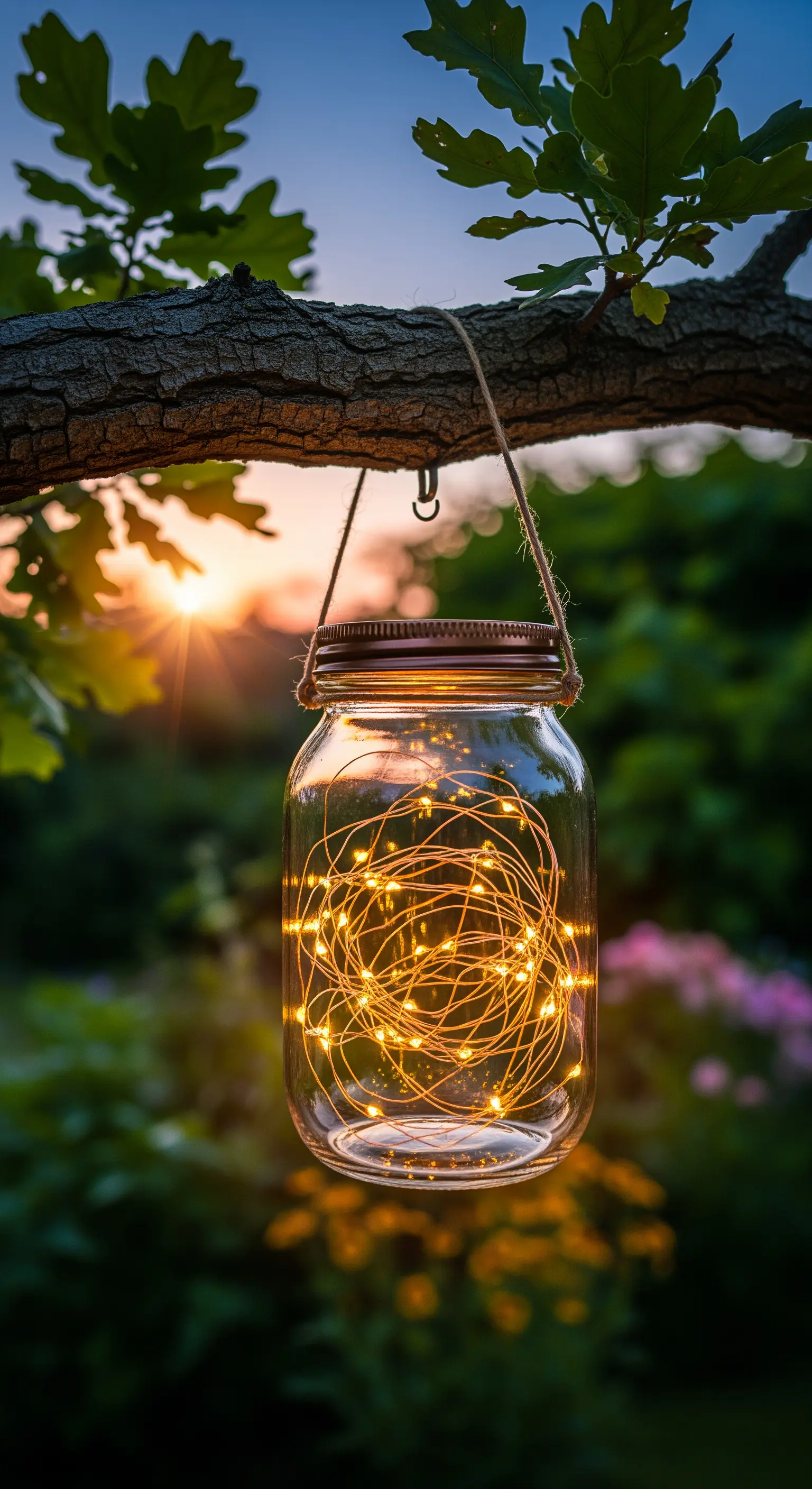 Barattolo di vetro con lucine a LED sospeso a un ramo d'albero al tramonto.