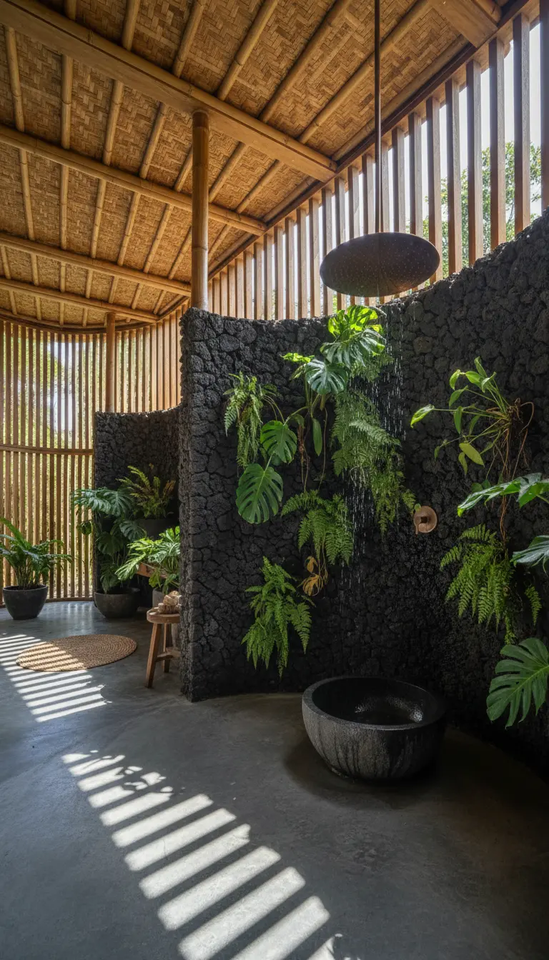 Doccia esterna con parete in pietra lavica nera, piante tropicali e soffitto in bambù.