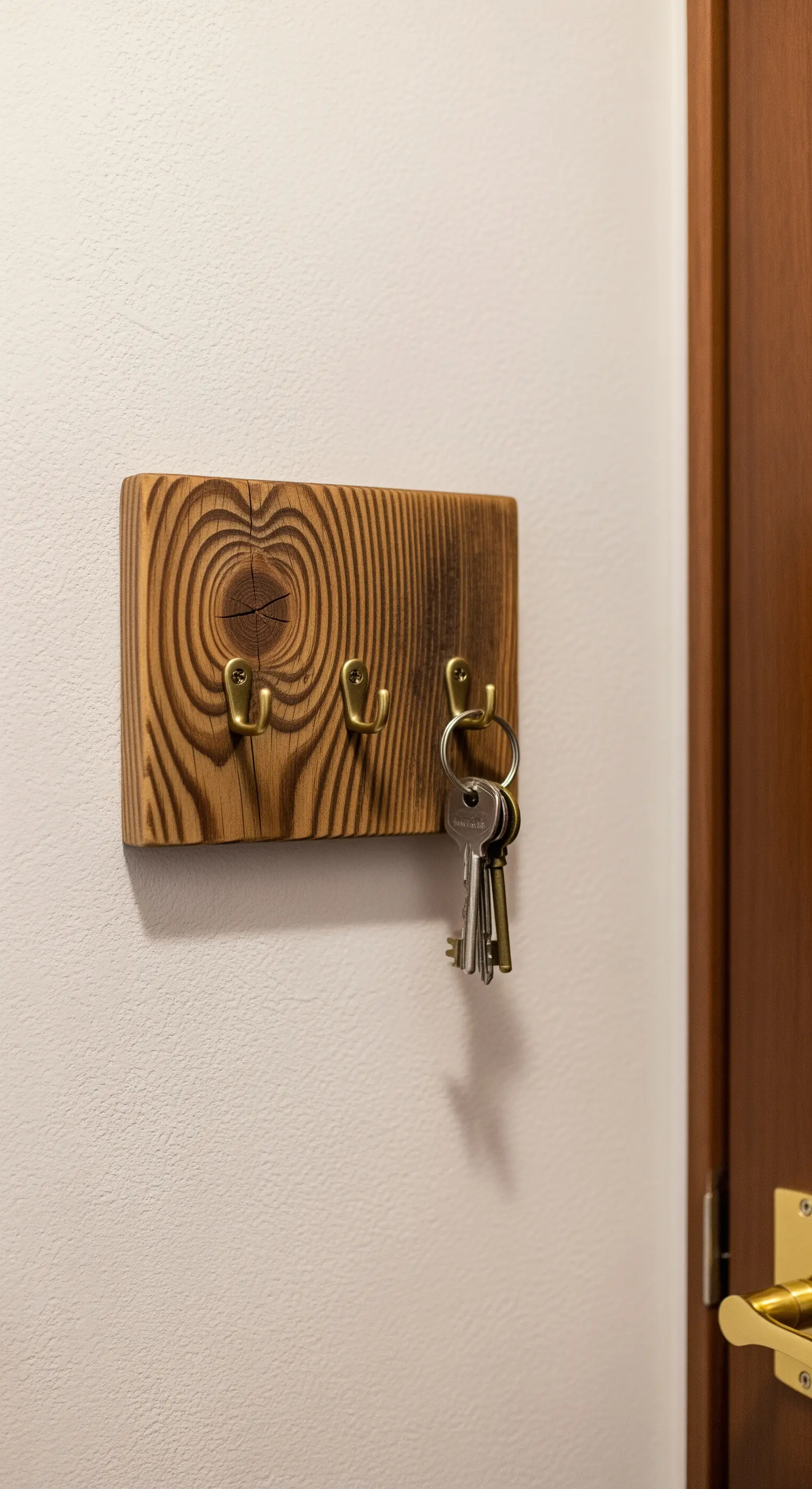 Piccolo portachiavi da parete in legno scuro con venature evidenti e ganci in ottone.