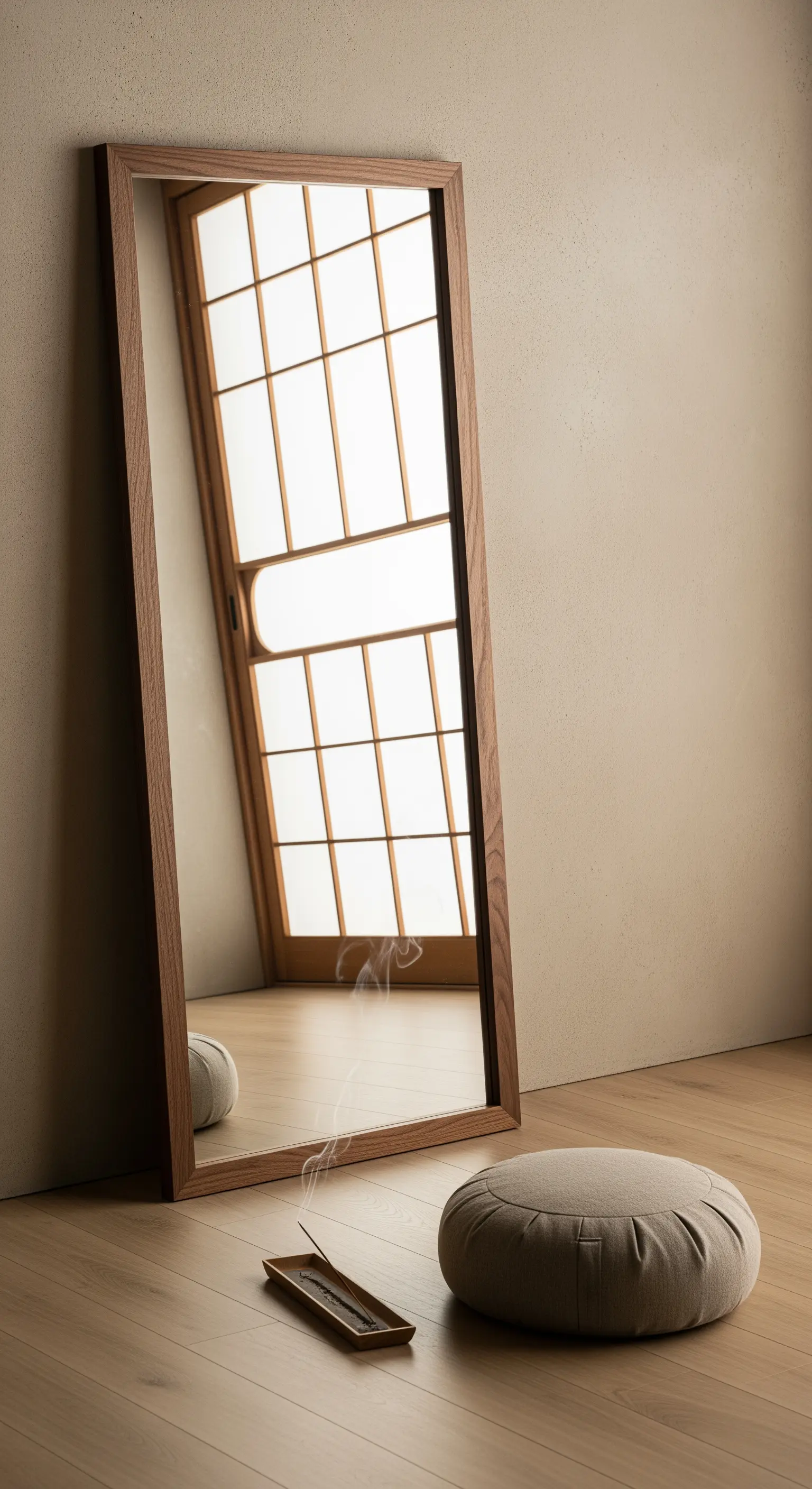 Specchio rettangolare con cornice in legno appoggiato a una parete beige in uno spazio zen.