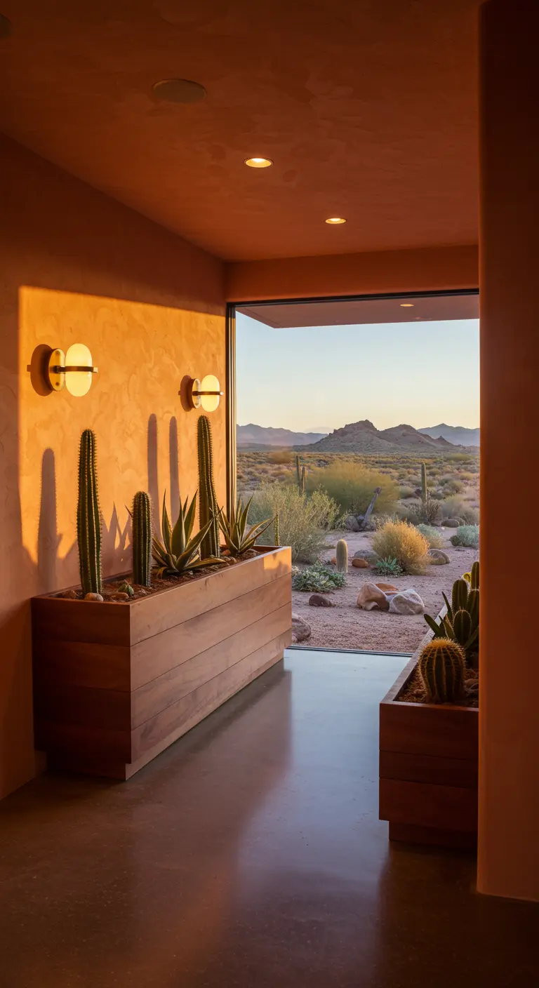 Ingresso con pareti color terracotta e fioriere con cactus che si affaccia sul deserto.