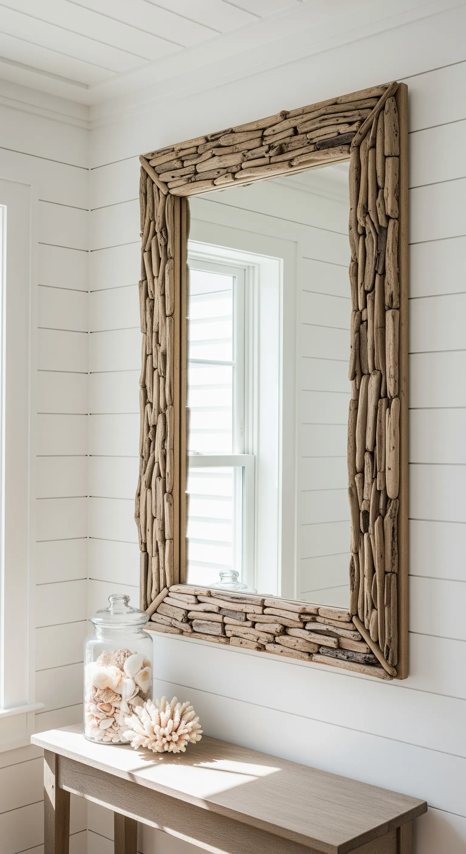 Specchio rettangolare con una cornice spessa fatta di pezzi di legno spiaggiato su una parete a listelli bianchi.