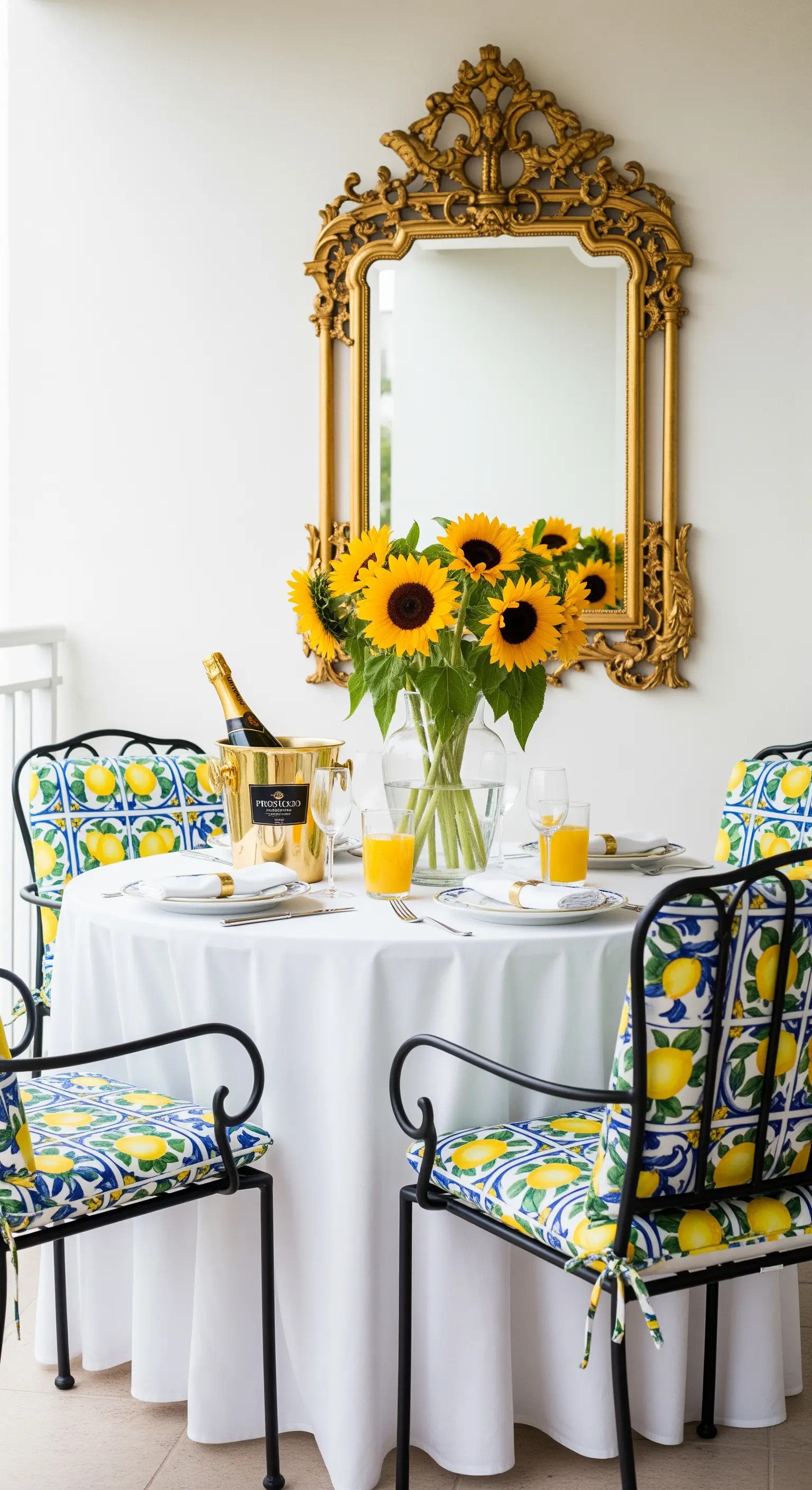 Tavola da pranzo all'aperto con cuscini a tema limoni, girasoli e specchio dorato.