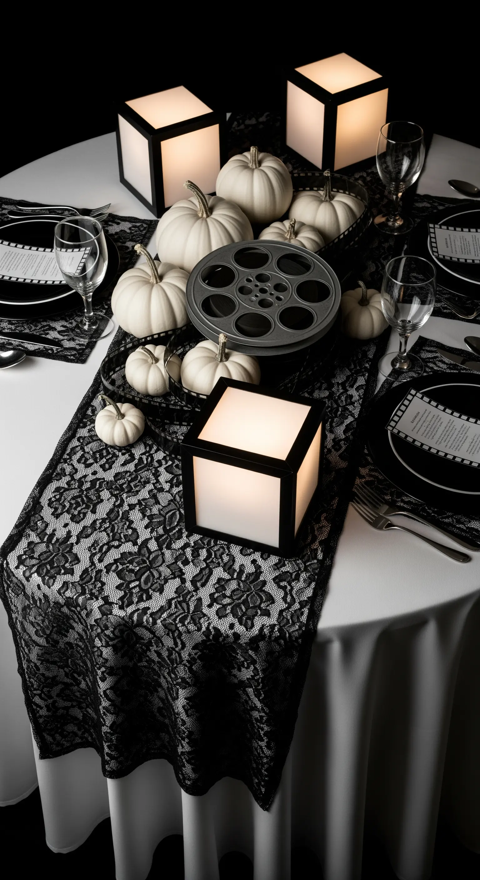 Tavola a tema film horror vintage con zucche bianche e bobina di pellicola.