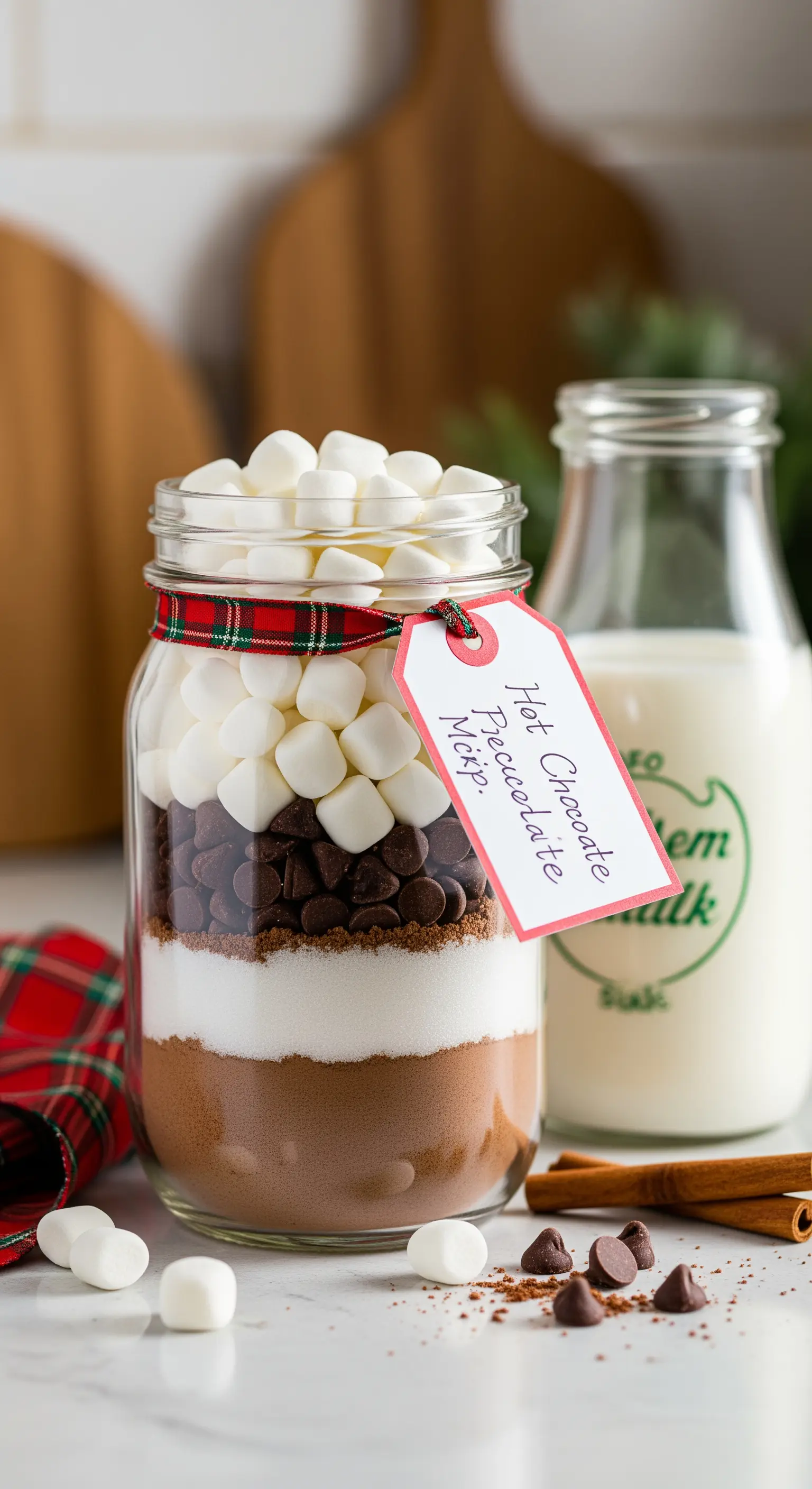 Barattolo di vetro con strati di preparato per cioccolata calda e marshmallow in cima.