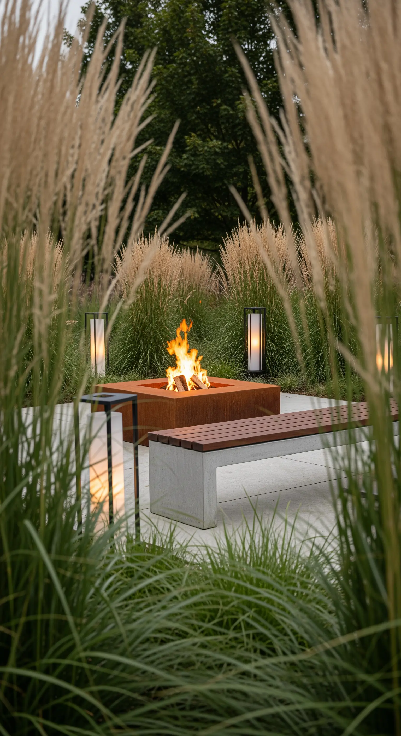 Braciere moderno in corten circondato da alte erbe ornamentali e lanterne minimaliste.