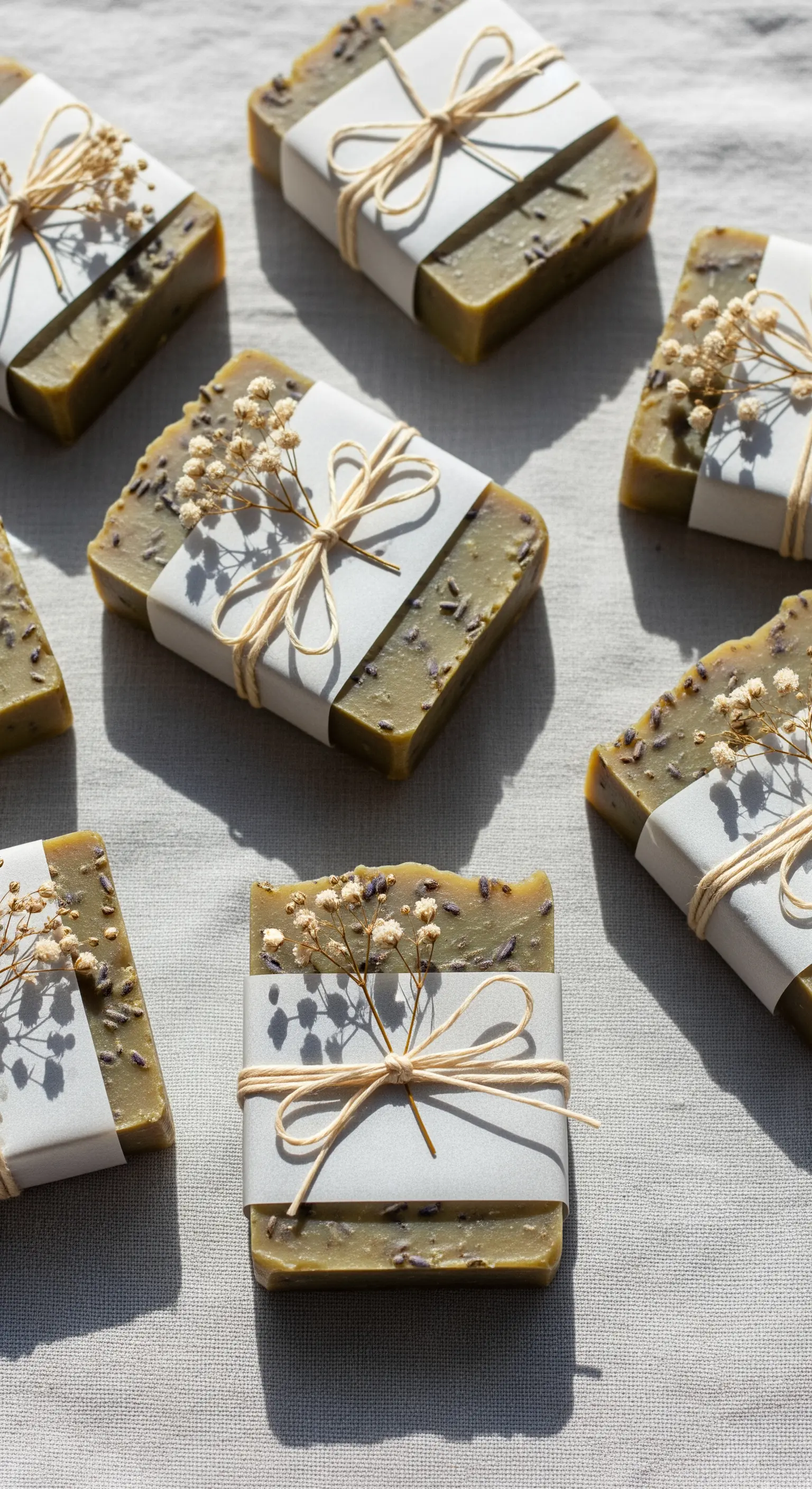 Saponette artigianali verdi decorate con spago e piccoli fiori secchi, su un telo di lino.