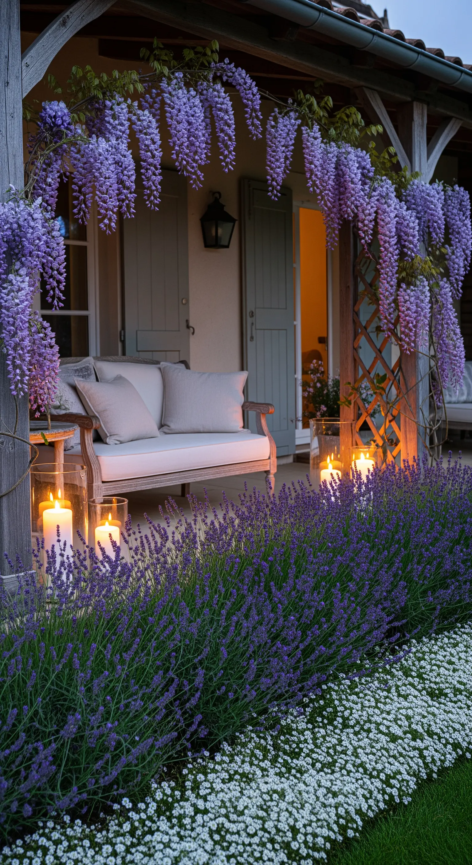 Portico con glicine pendente, bordo di lavanda e divano in legno con lanterne.
