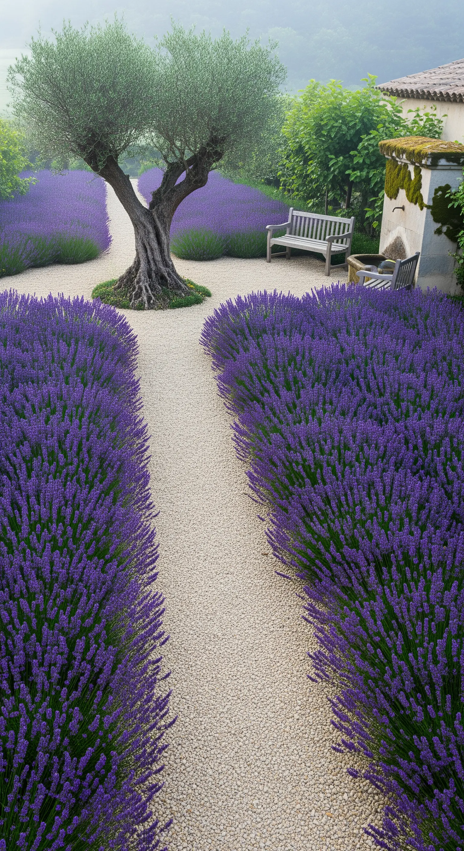 Ulivo solitario in un giardino di lavanda attraversato da un sentiero di ghiaia chiara.