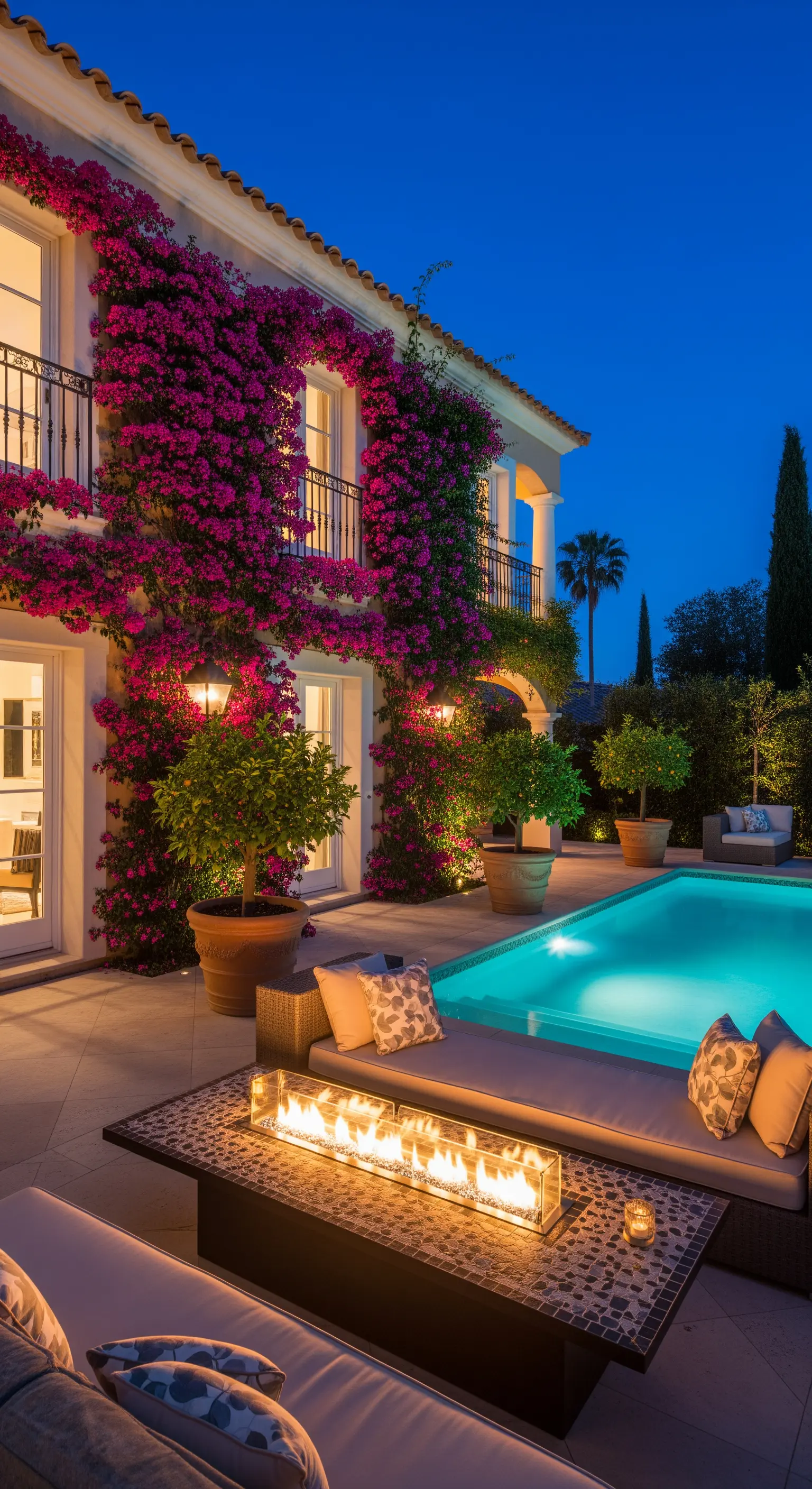 Villa con piscina di notte, bouganville illuminata e un tavolo con braciere acceso.