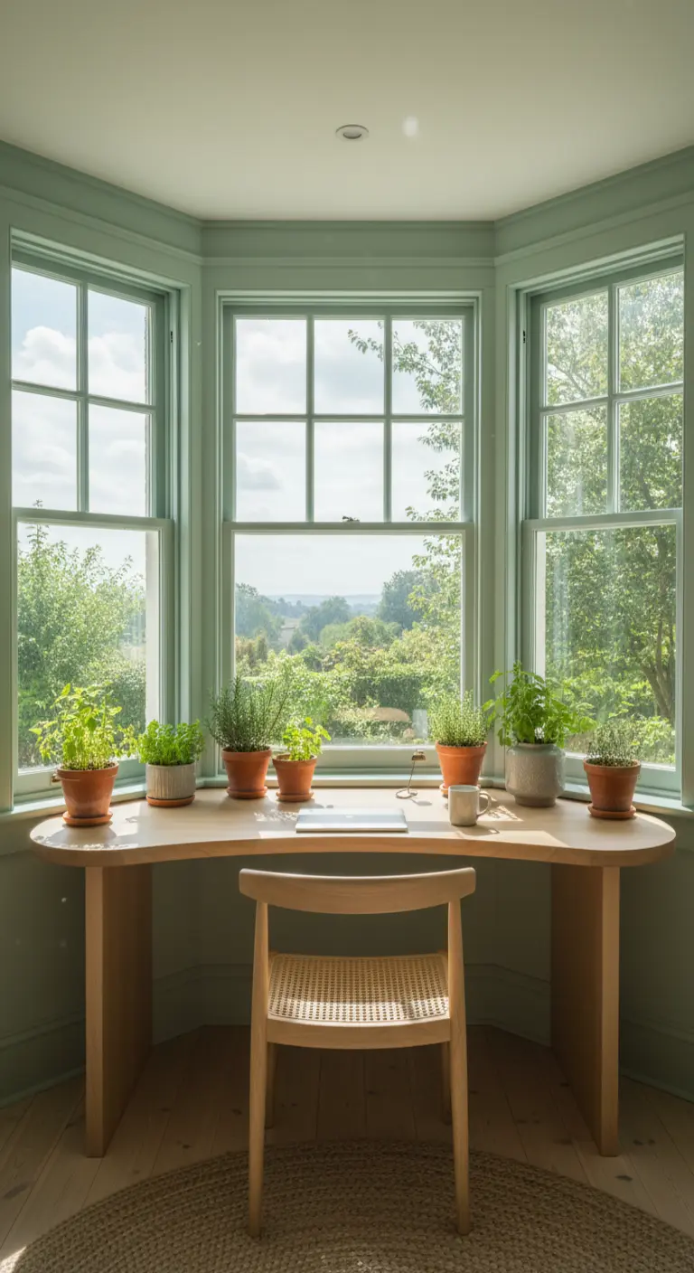 Scrivania curva su misura inserita in una bow window con vista sul verde.