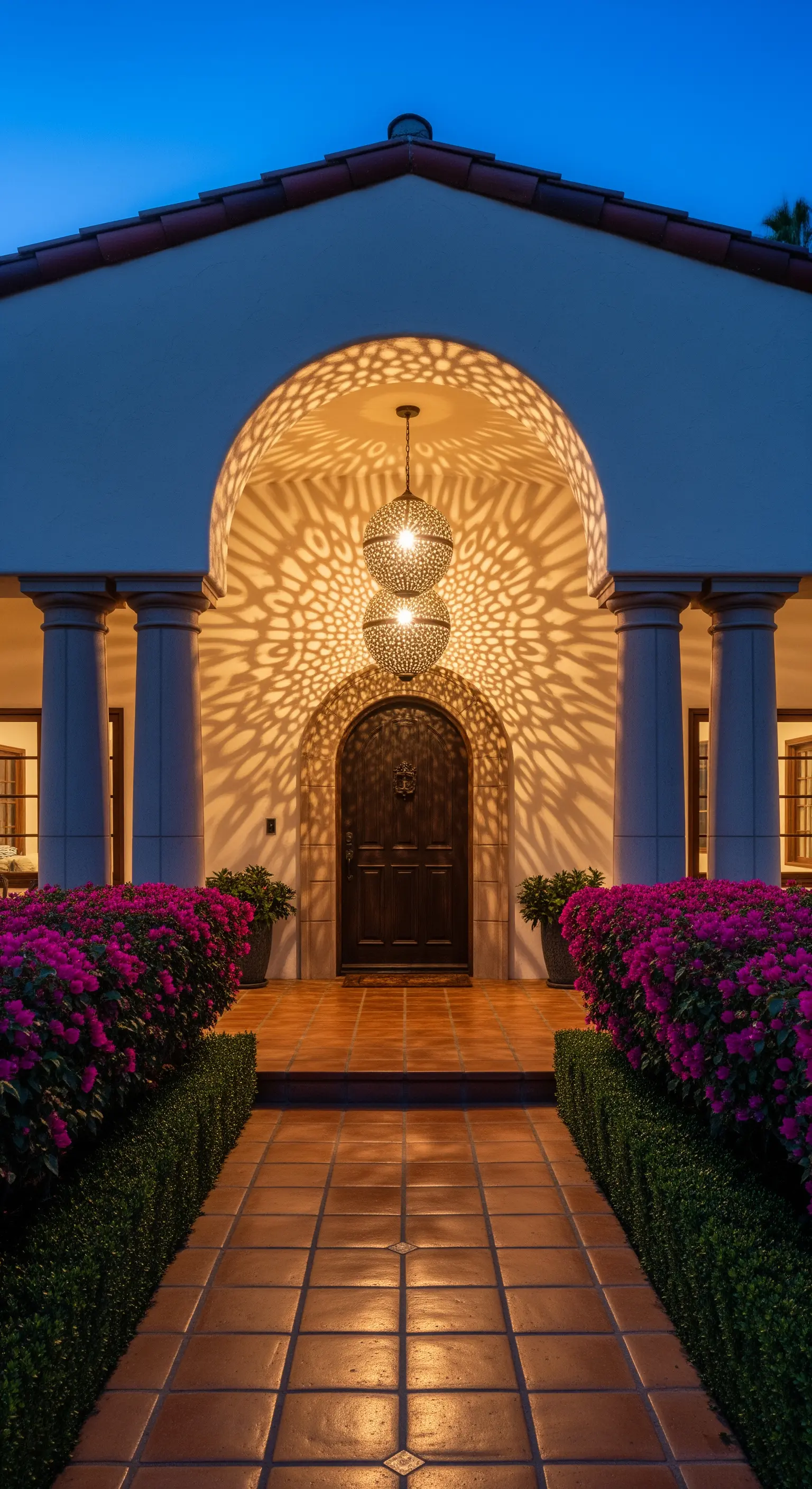 Portico ad arco con due grandi lampadari sferici traforati che proiettano pattern di luce.