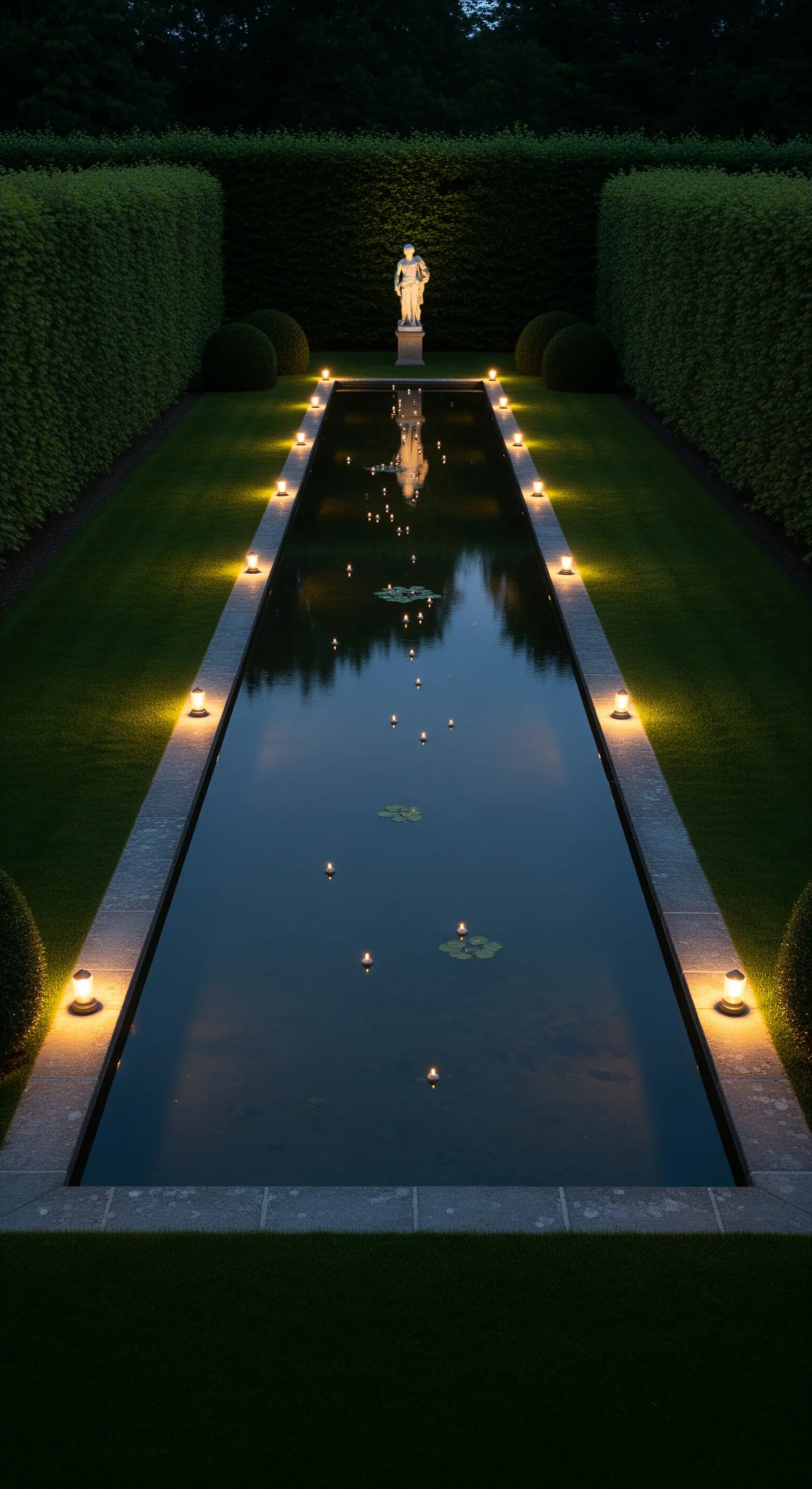 Lunga piscina riflettente in un giardino formale, bordata da piccole luci a intervalli regolari.