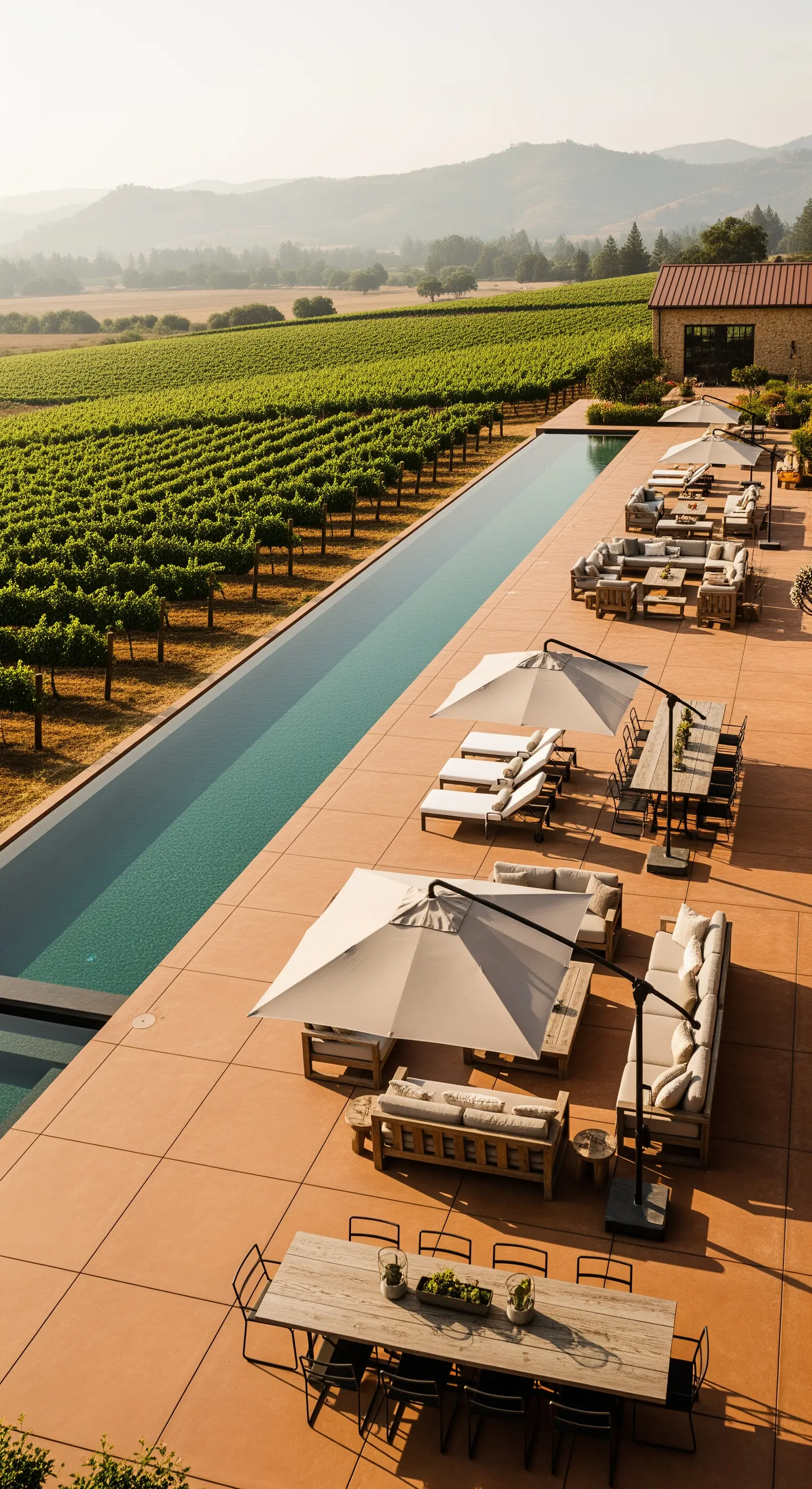 Lunga piscina a sfioro affacciata su un vigneto, con diverse aree pranzo e relax.