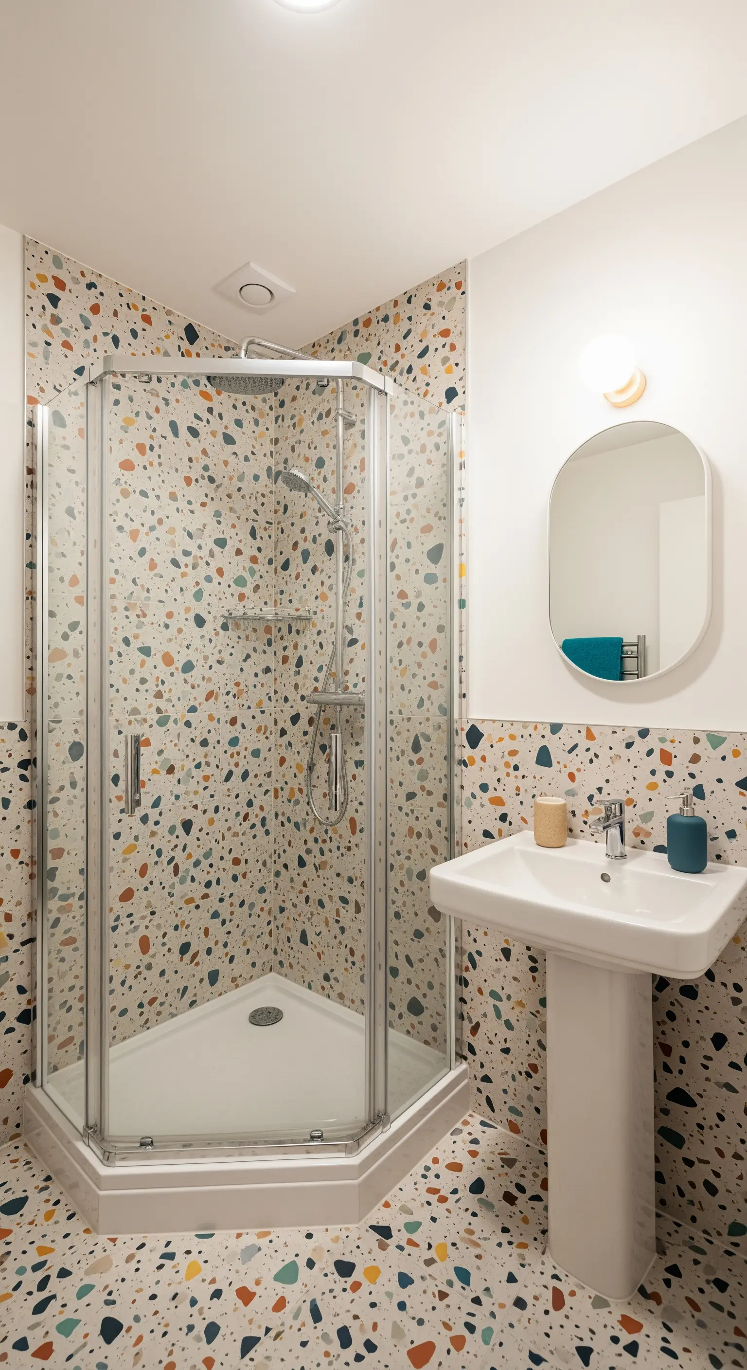 Bagno compatto con rivestimento continuo in grès effetto terrazzo e doccia angolare.