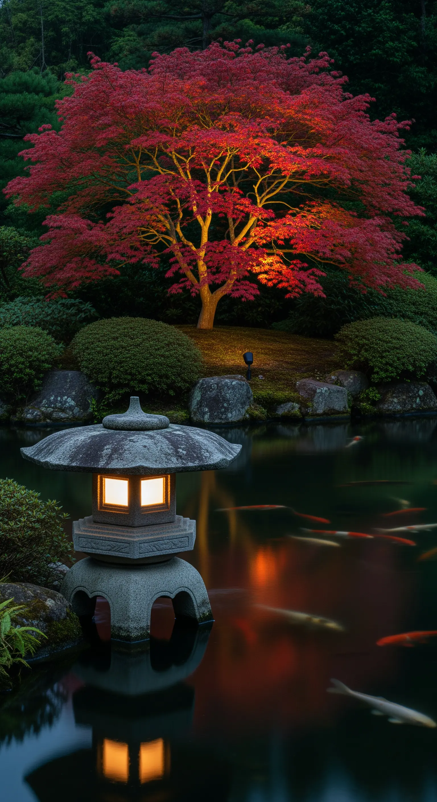 Lanterna giapponese in pietra e un acero rosso illuminato dal basso in un giardino zen.