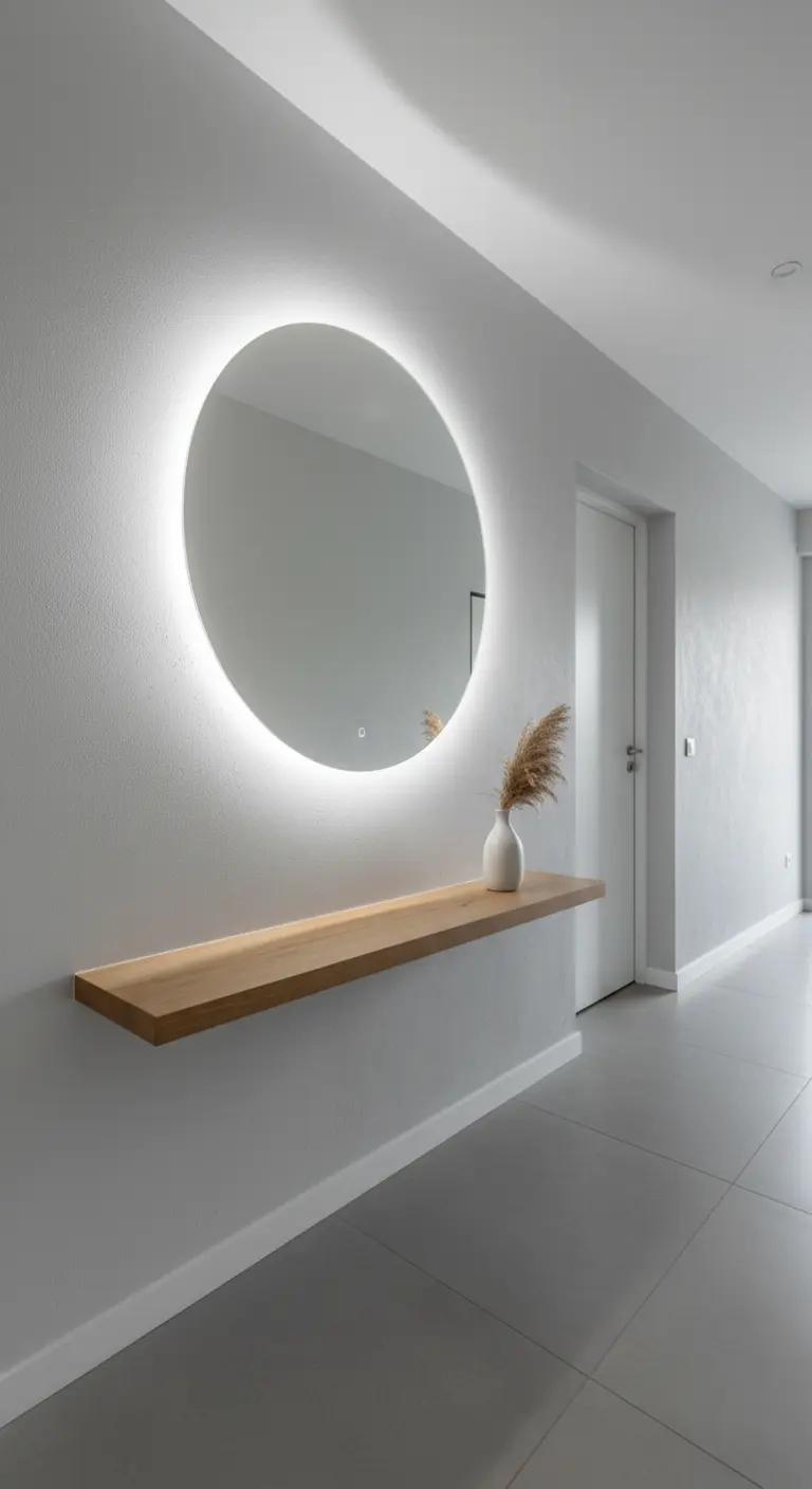 Specchio rotondo retroilluminato sopra una mensola in legno sospesa.