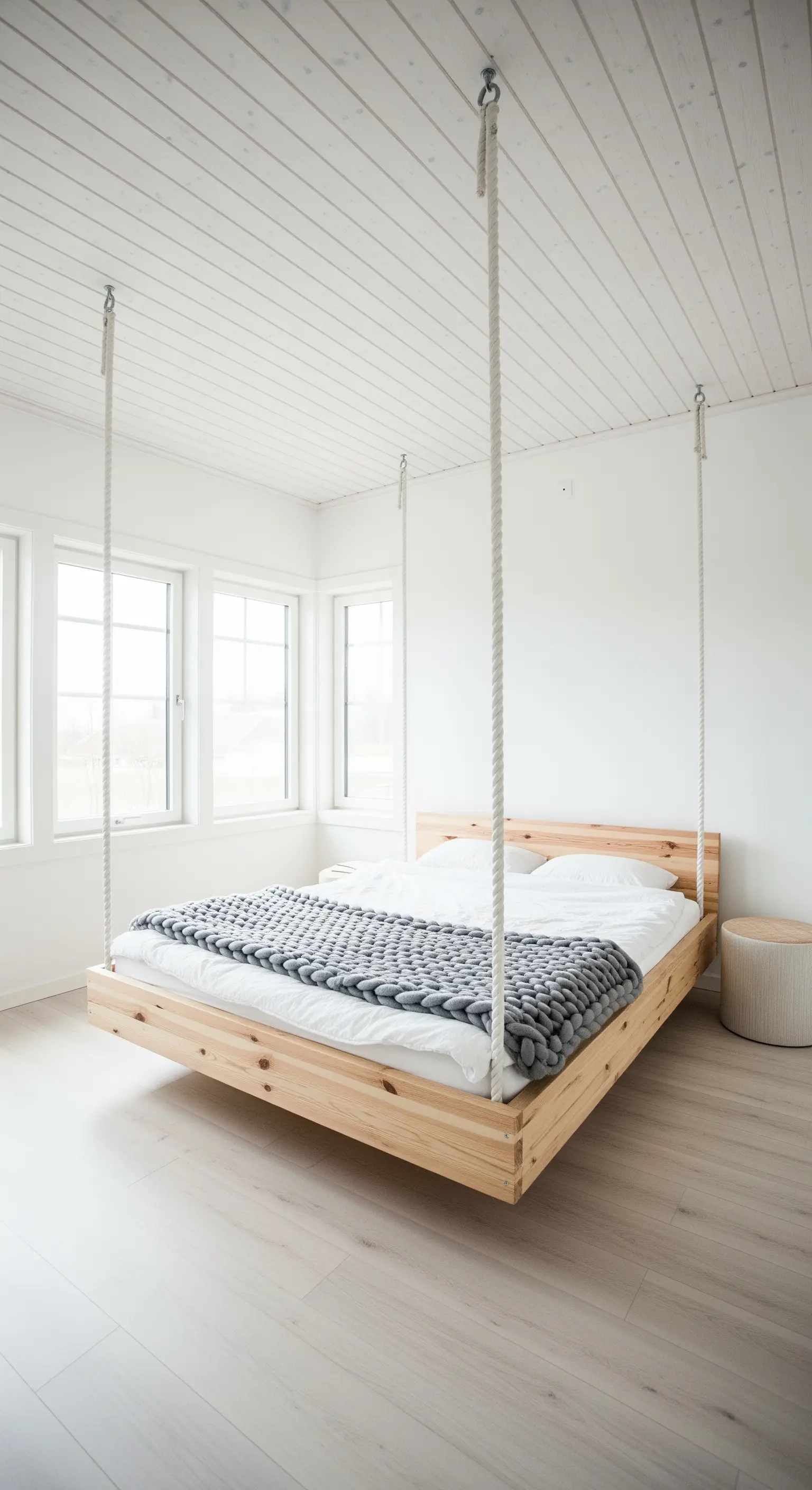 Letto sospeso in legno chiaro con corde bianche in una stanza bianca in stile scandinavo.