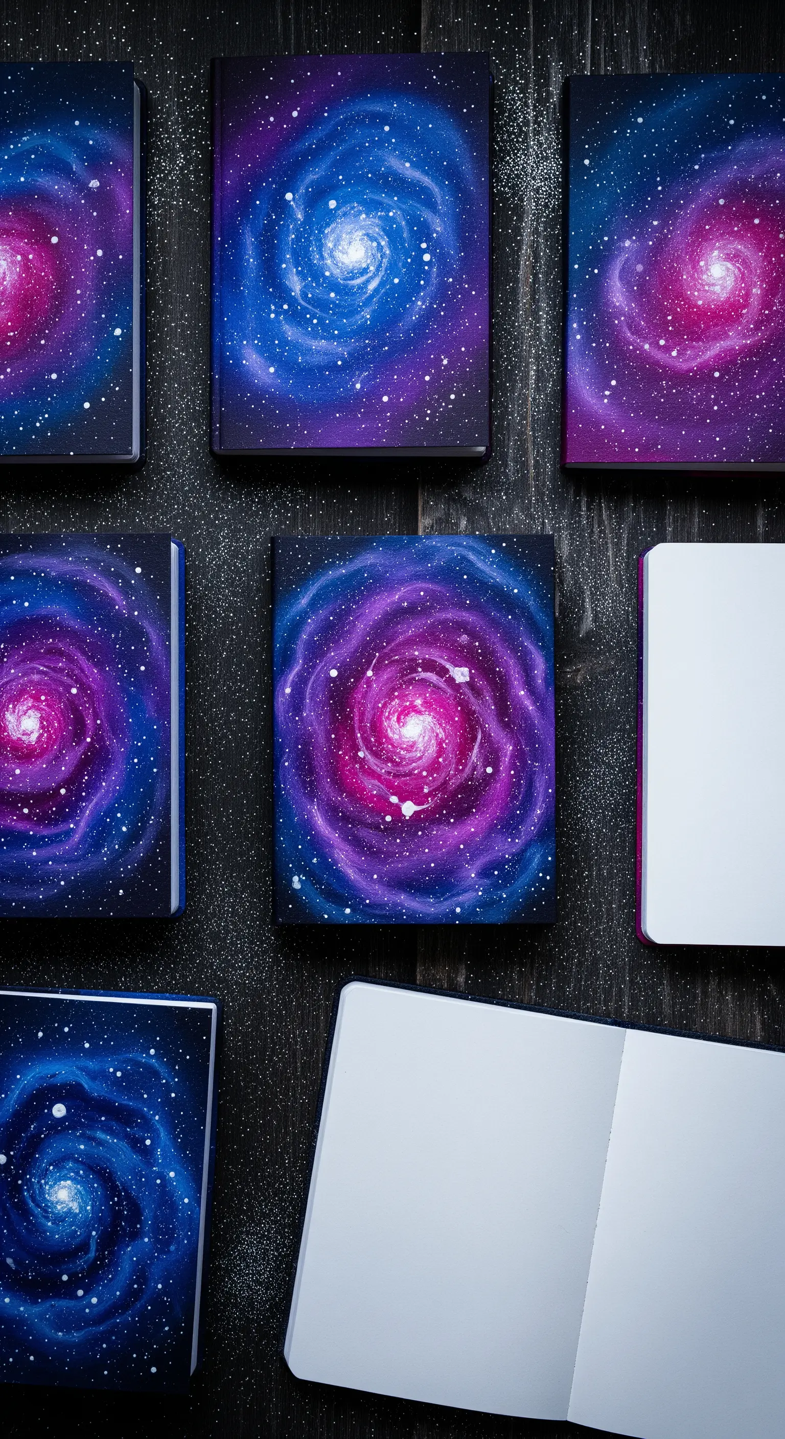 Quaderni con copertine dipinte a mano che raffigurano galassie vorticose nei toni del blu e del viola.
